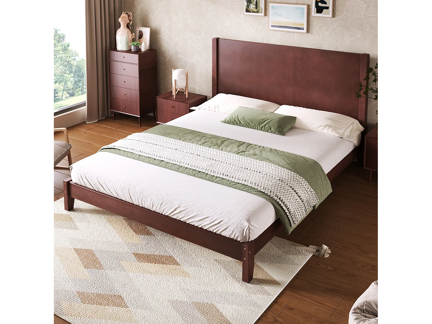 Letto matrimoniale 160x200 cm - Con testiera - Con rete a doghe in legno massello - MDF + Pino - Marrone​ (Materasso non incluso)