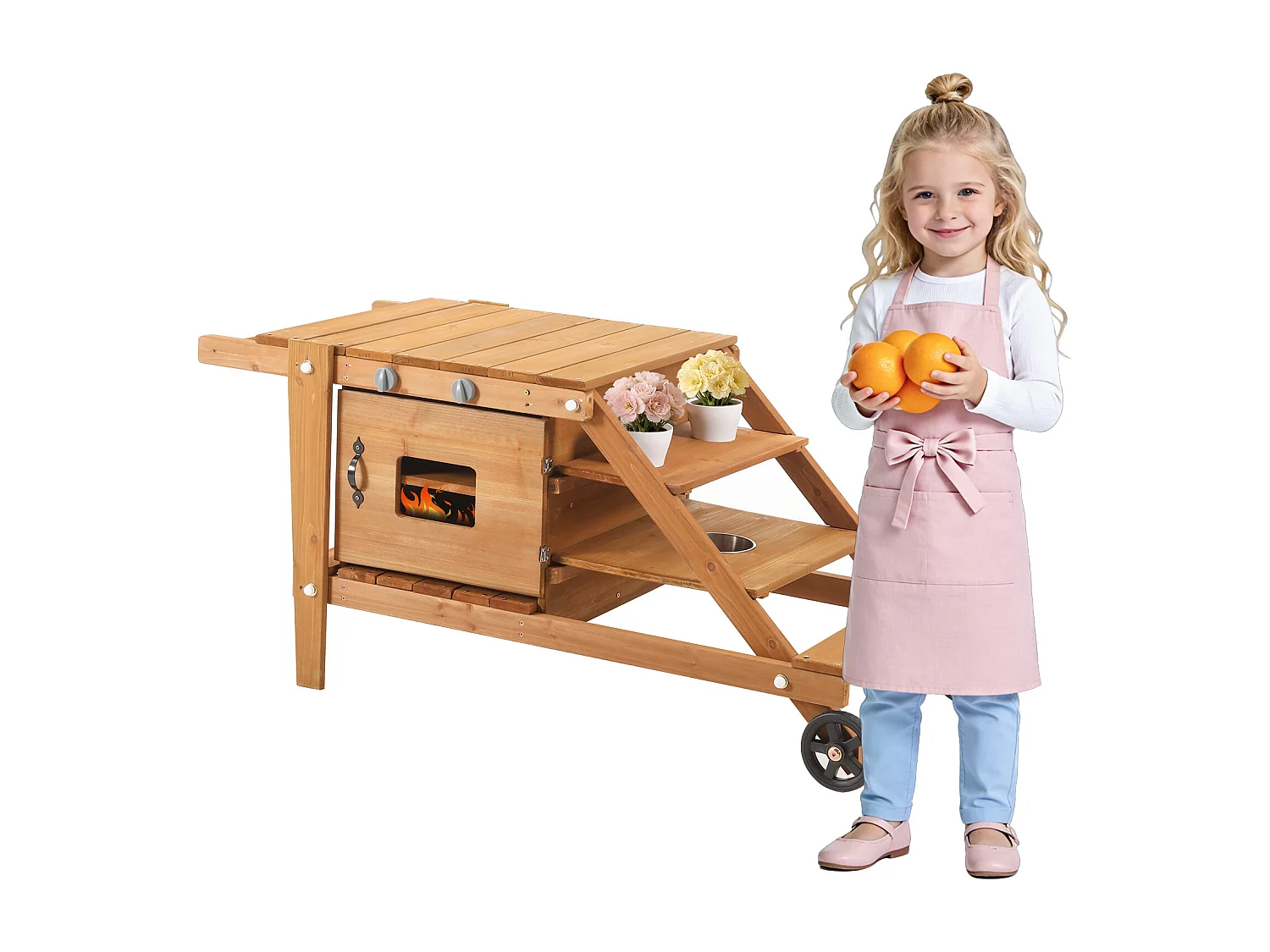 Jouets de cuisine d'extérieur pour enfants 132x59x60.5cm - chariot alimentaire en bois - Jouet d’Imitation pour 3 Ans+ (Naturel)