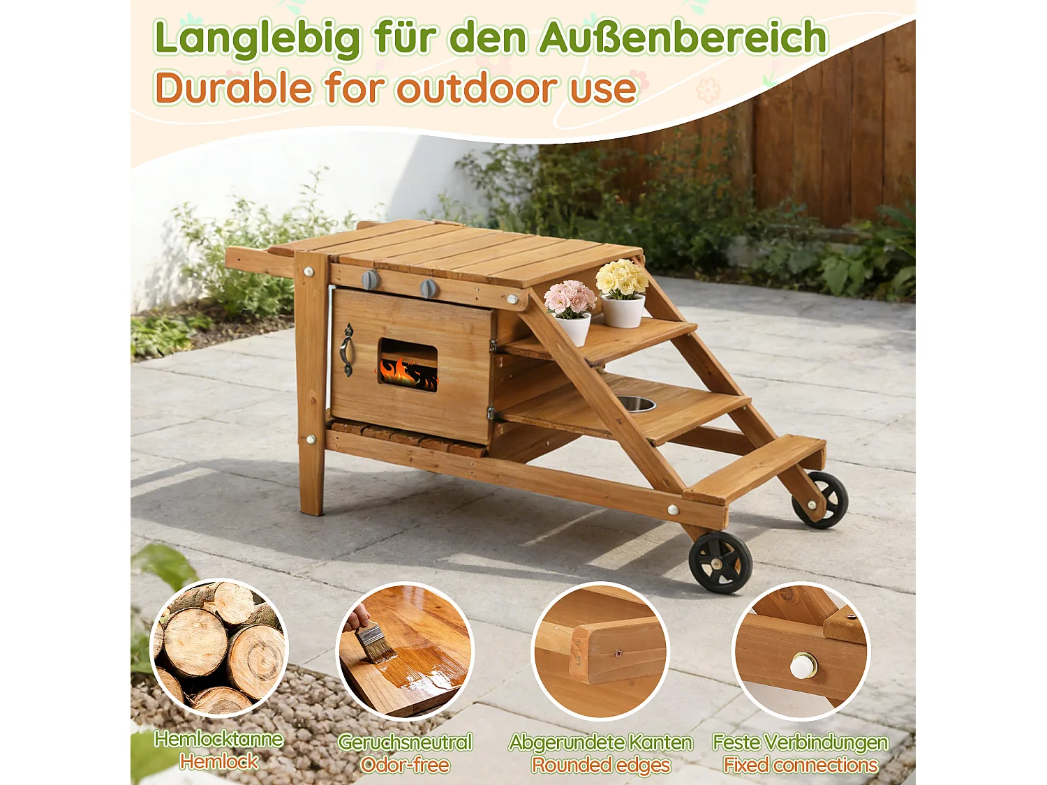 Jouets de cuisine d'extérieur pour enfants 132x59x60.5cm - chariot alimentaire en bois - Jouet d’Imitation pour 3 Ans+ (Naturel)