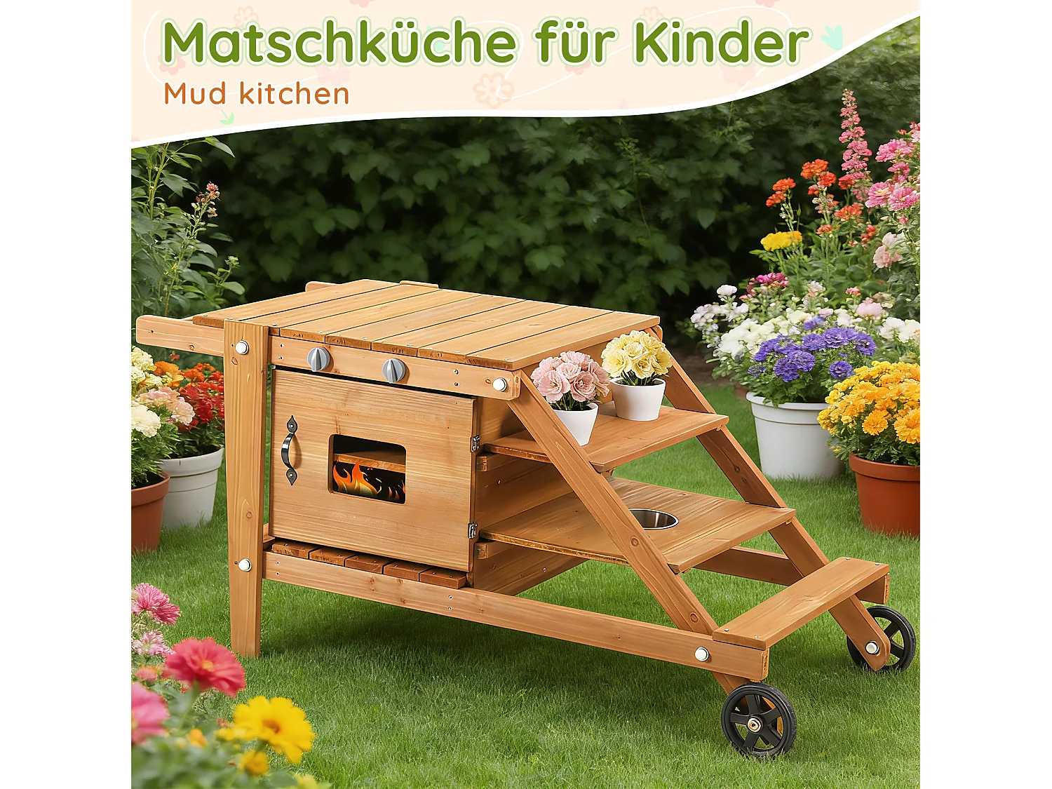 Jouets de cuisine d'extérieur pour enfants 132x59x60.5cm - chariot alimentaire en bois - Jouet d’Imitation pour 3 Ans+ (Naturel)