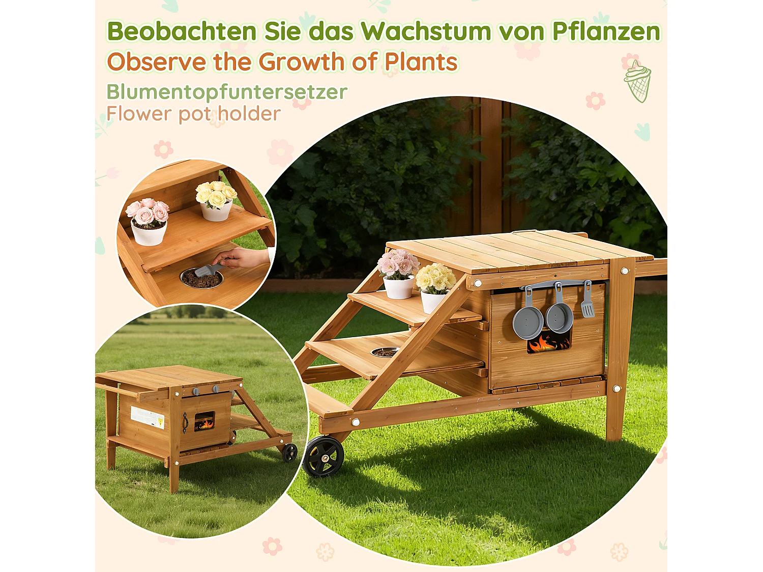 Jouets de cuisine d'extérieur pour enfants 132x59x60.5cm - chariot alimentaire en bois - Jouet d’Imitation pour 3 Ans+ (Naturel)