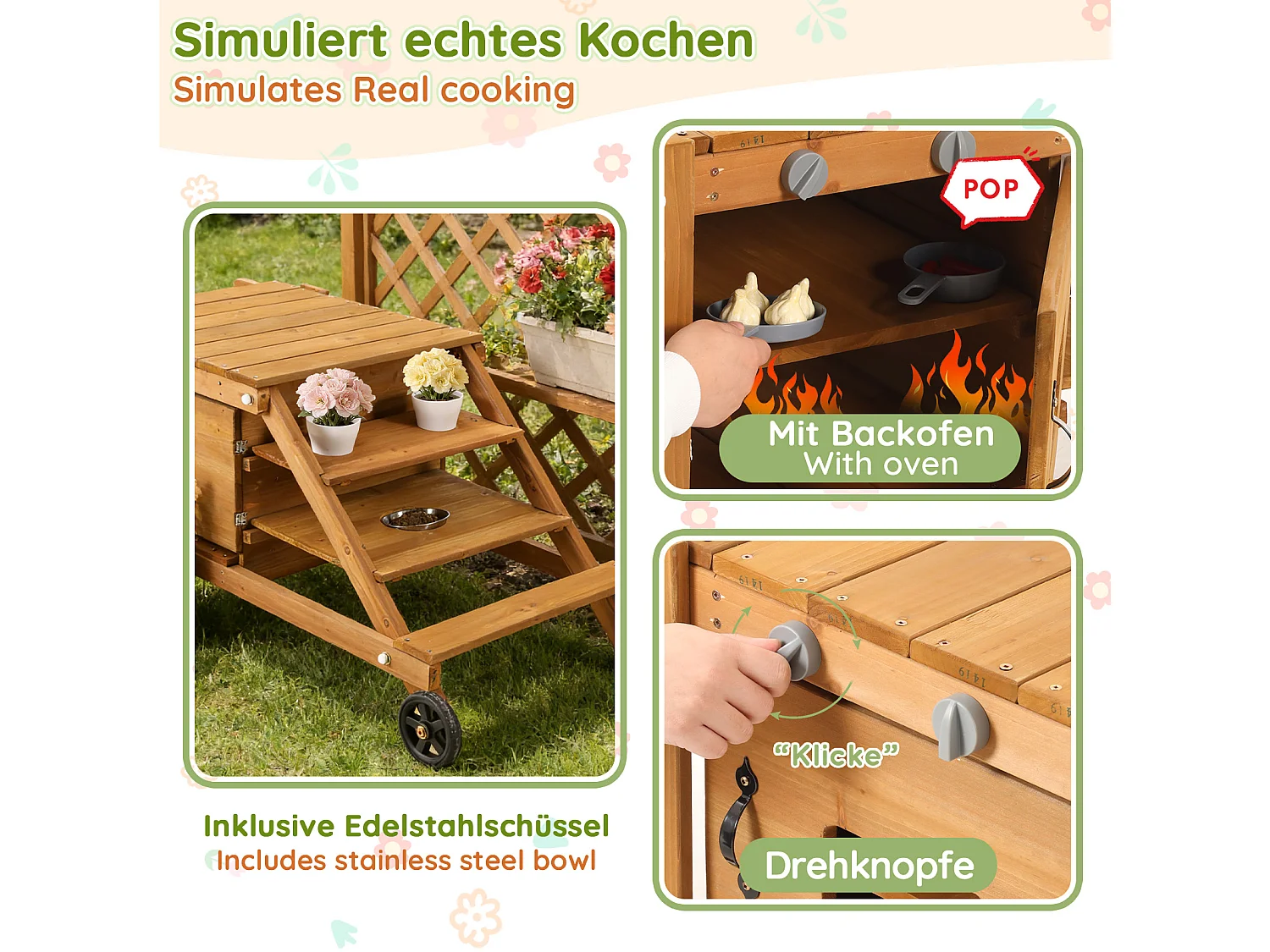 Jouets de cuisine d'extérieur pour enfants 132x59x60.5cm - chariot alimentaire en bois - Jouet d’Imitation pour 3 Ans+ (Naturel)