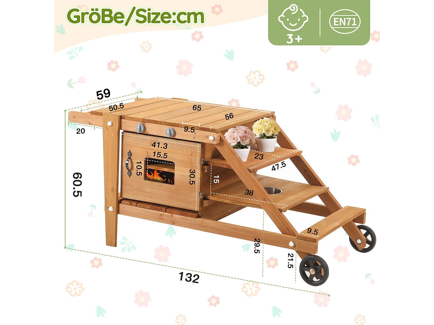 Jouets de cuisine d'extérieur pour enfants 132x59x60.5cm - chariot alimentaire en bois - Jouet d’Imitation pour 3 Ans+ (Naturel)