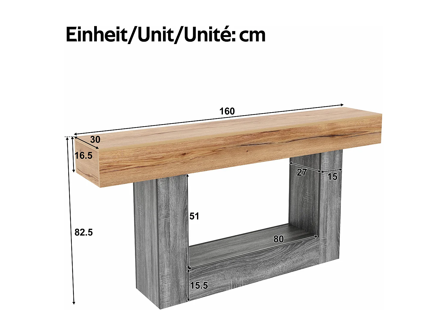 Beistelltisch/Eingangs-Konsole 160x30x82,5 cm - Robuste Platte - Stauraum - Spanplatten - Natur