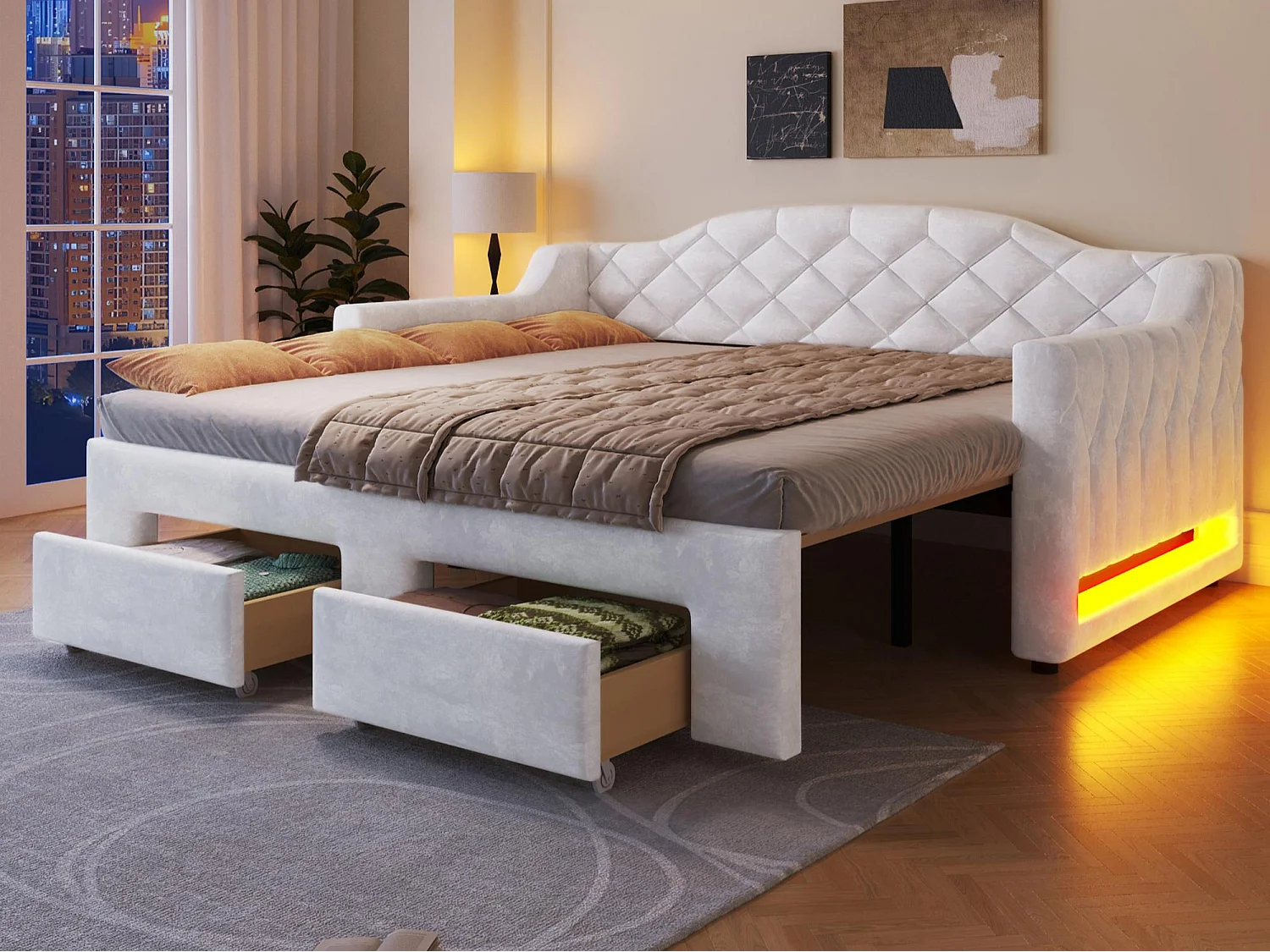 Gepolstertes Schlafsofa 90x200cm - Ausziehbar auf 180x200cm - Gästebett - Mit 2 Schubladen und LED-Beleuchtung - Weiß​ (ohne Matratze)