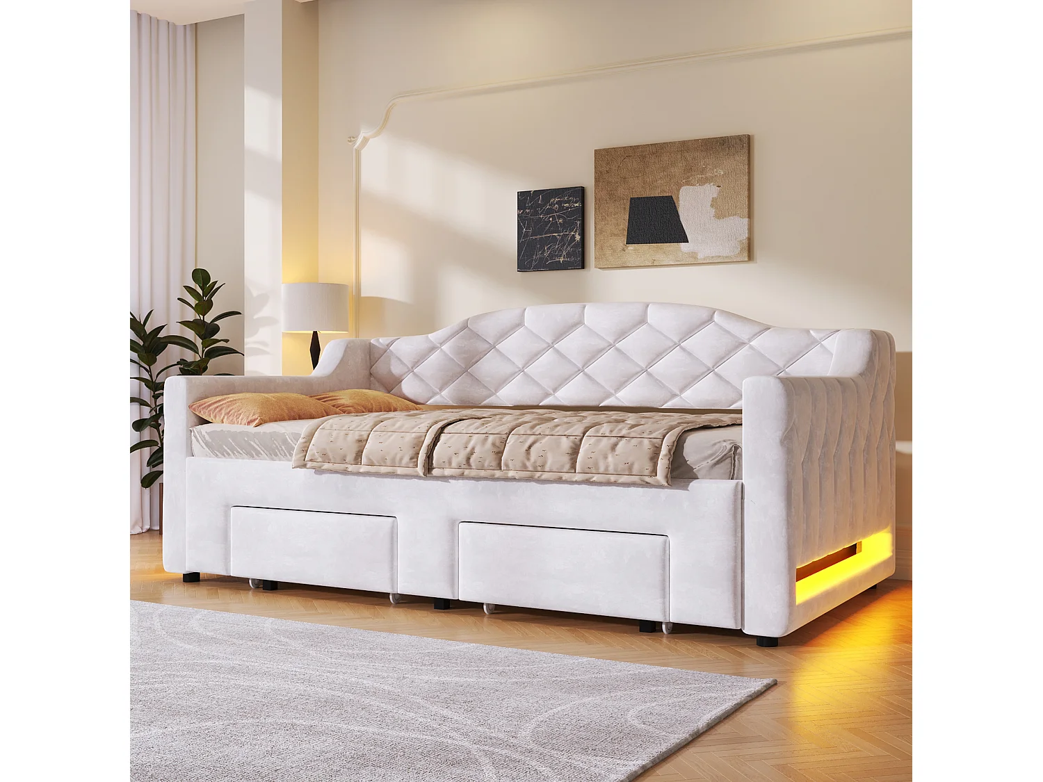 Gepolstertes Schlafsofa 90x200cm - Ausziehbar auf 180x200cm - Gästebett - Mit 2 Schubladen und LED-Beleuchtung - Weiß​ (ohne Matratze)