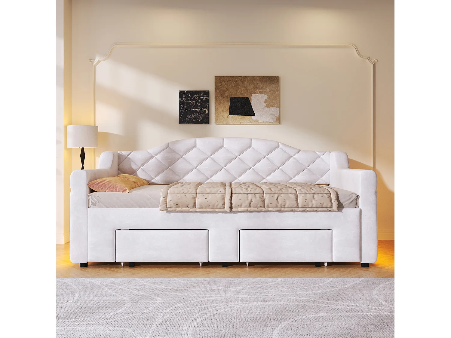 Gepolstertes Schlafsofa 90x200cm - Ausziehbar auf 180x200cm - Gästebett - Mit 2 Schubladen und LED-Beleuchtung - Weiß​ (ohne Matratze)