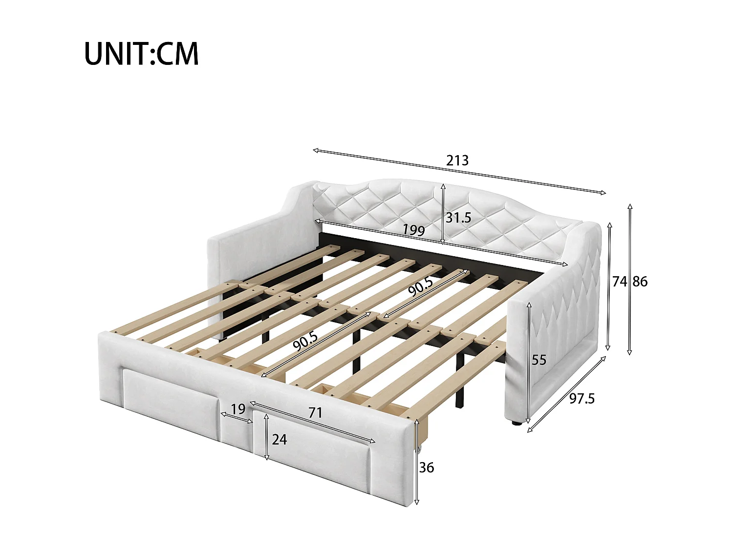 Gepolstertes Schlafsofa 90x200cm - Ausziehbar auf 180x200cm - Gästebett - Mit 2 Schubladen und LED-Beleuchtung - Weiß​ (ohne Matratze)