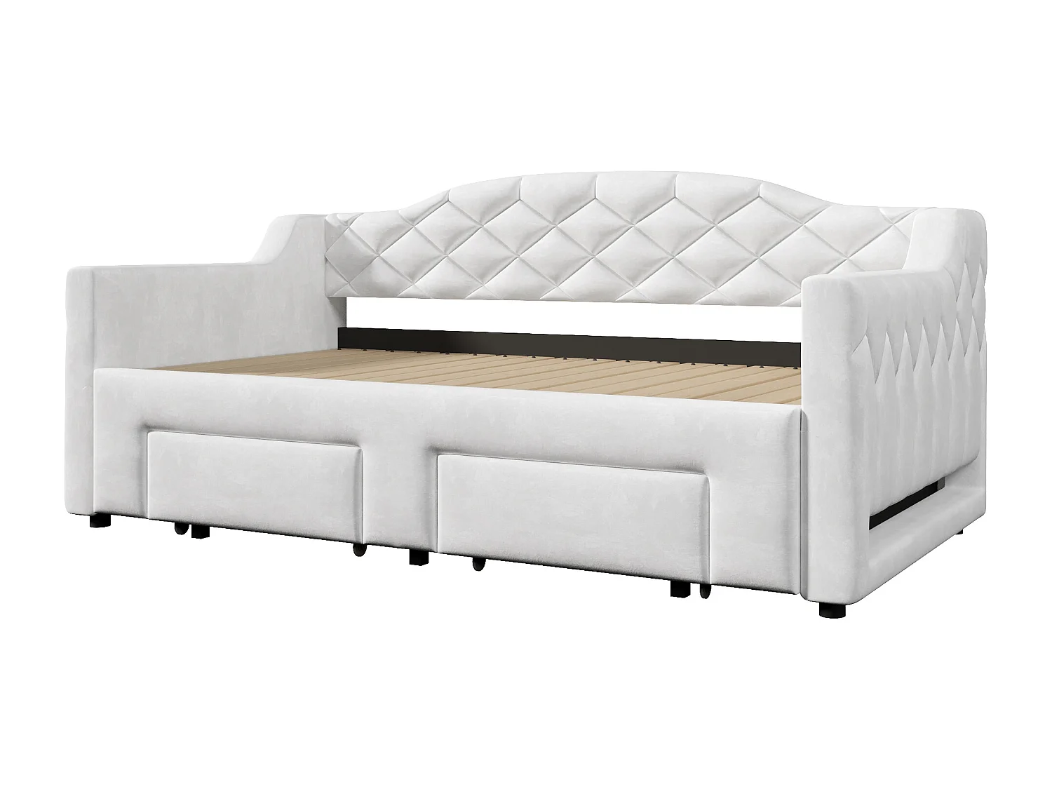 Gepolstertes Schlafsofa 90x200cm - Ausziehbar auf 180x200cm - Gästebett - Mit 2 Schubladen und LED-Beleuchtung - Weiß​ (ohne Matratze)