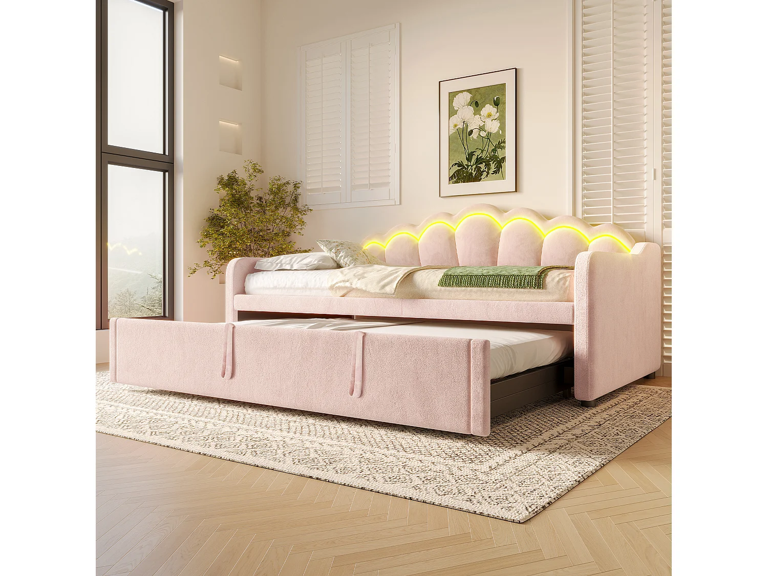 Lit banquette avec lit gigogne - 90/180 x 200 cm - avec Leds - velours - rose