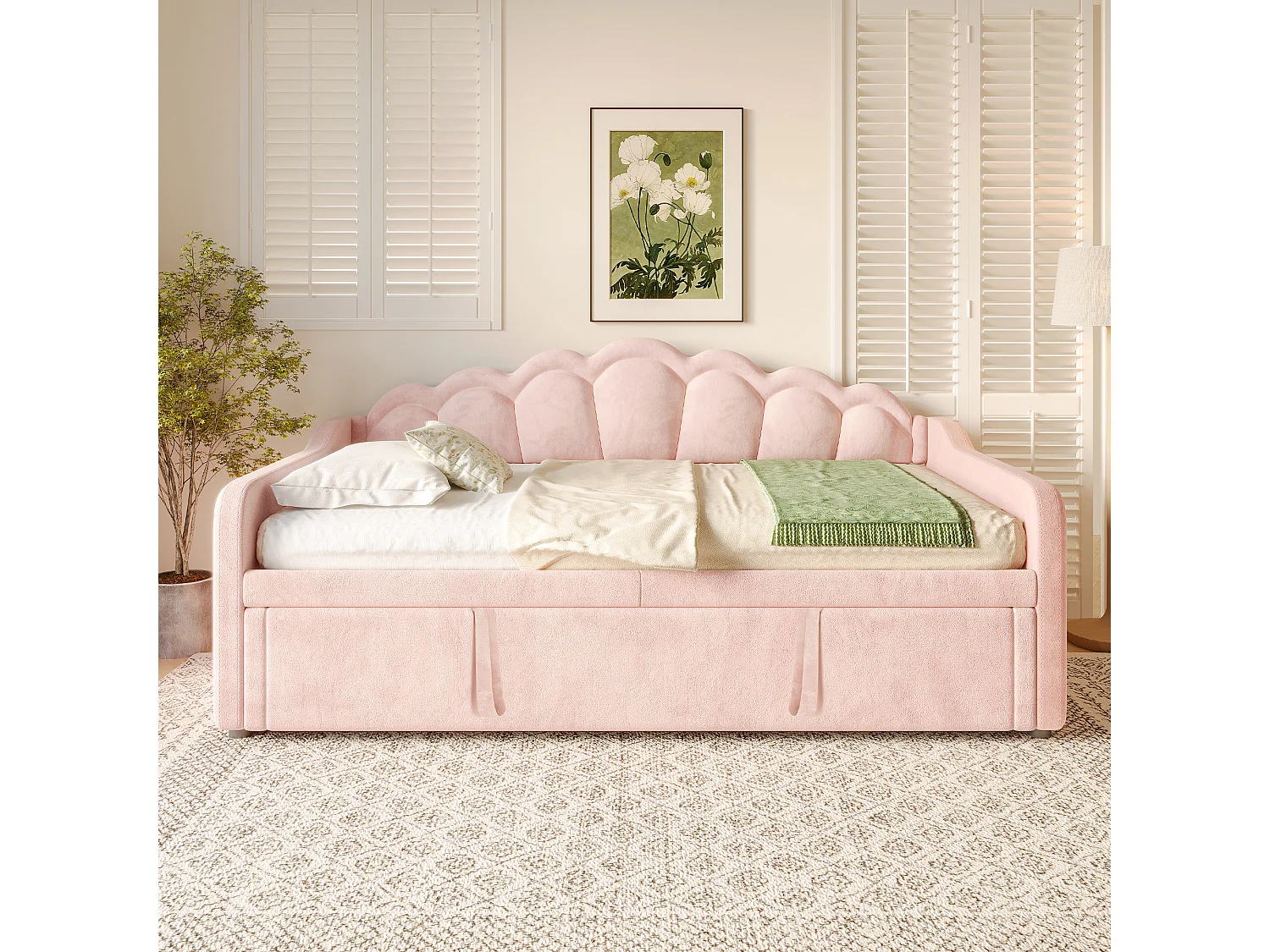 Lit banquette avec lit gigogne - 90/180 x 200 cm - avec Leds - velours - rose