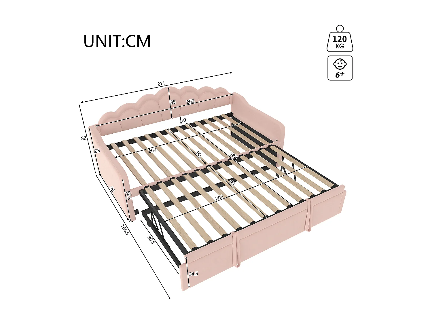 Lit banquette avec lit gigogne - 90/180 x 200 cm - avec Leds - velours - rose