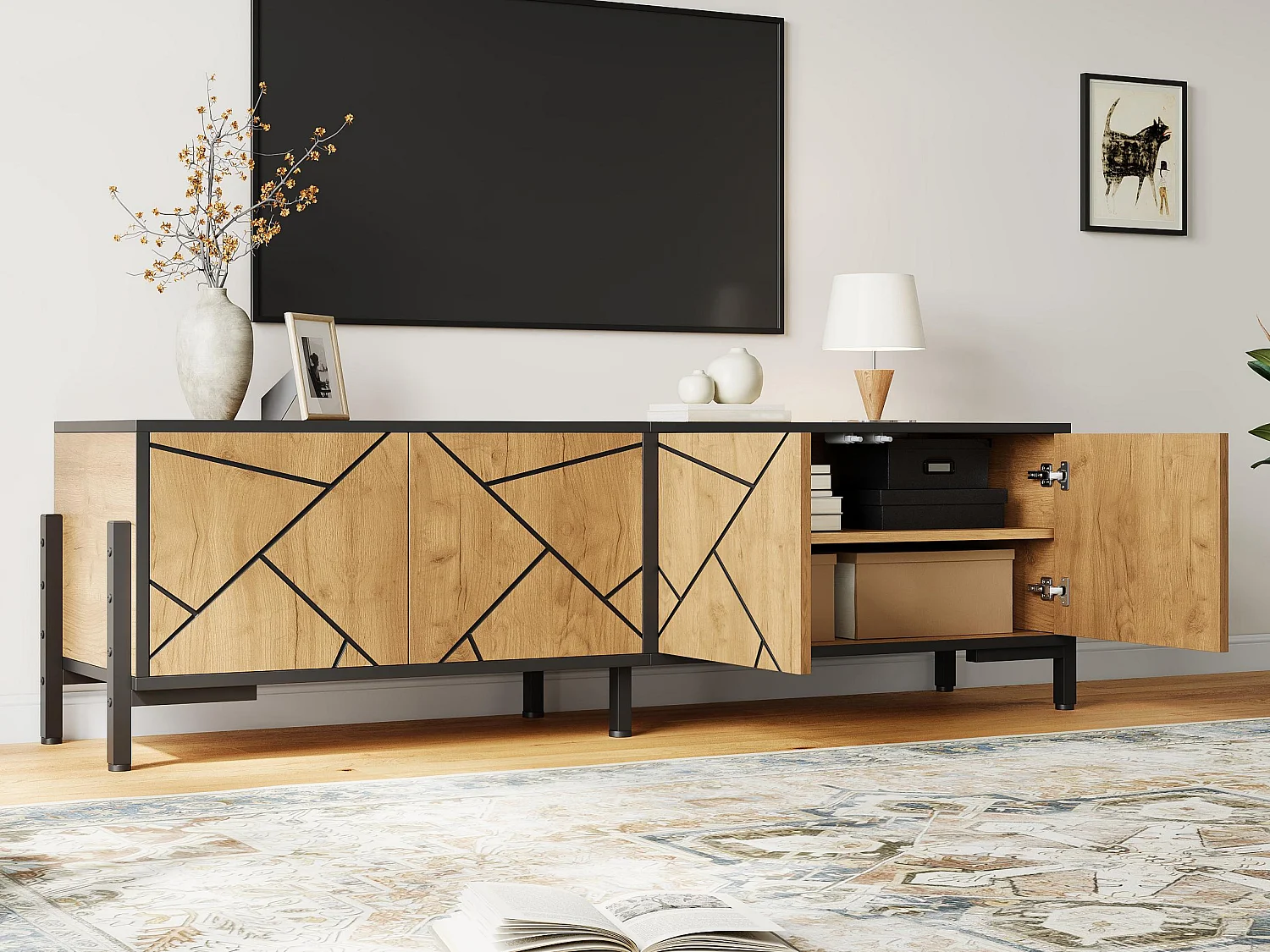 TV-Schrank 153x40x50 cm - 4 Türen - TV bis zu 65 Zoll - Stabile Füße - MDF - Natur