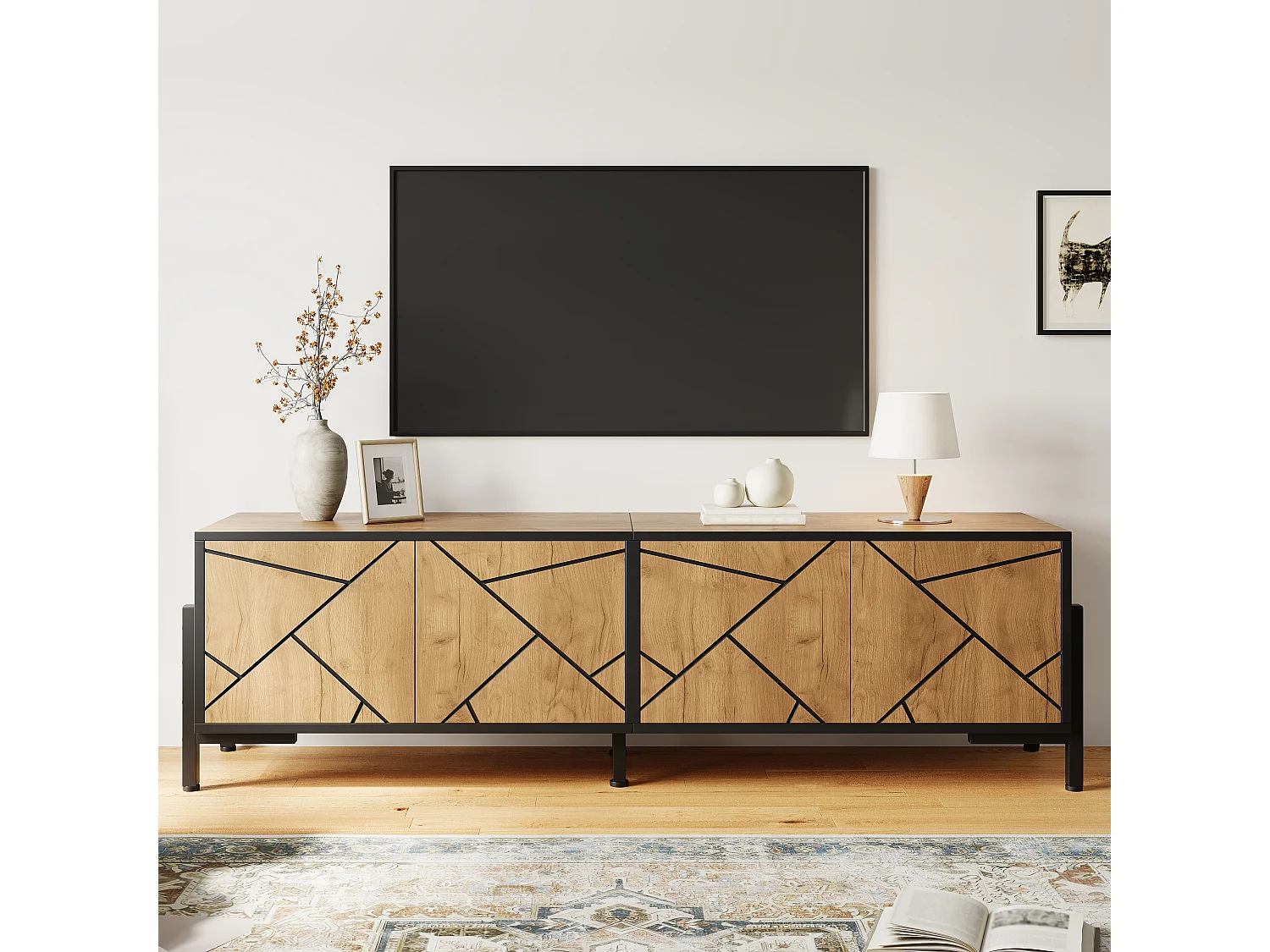 TV-Schrank 153x40x50 cm - 4 Türen - TV bis zu 65 Zoll - Stabile Füße - MDF - Natur