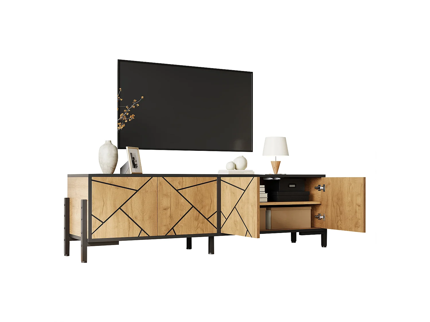 TV-Schrank 153x40x50 cm - 4 Türen - TV bis zu 65 Zoll - Stabile Füße - MDF - Natur
