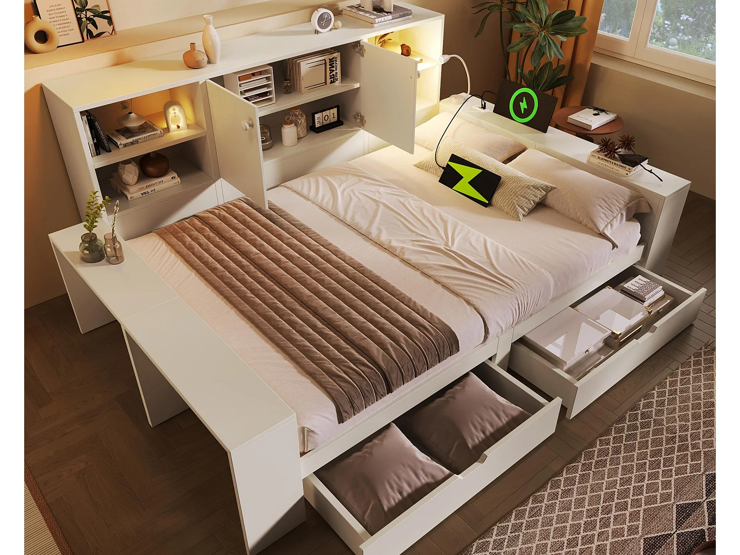 Schlafsofa 140x200cm - mit Leselicht - mit USB/USB-C-Anschluss - mit 2 Schubladen und Stauraum - weiß​ (ohne Matratze)
