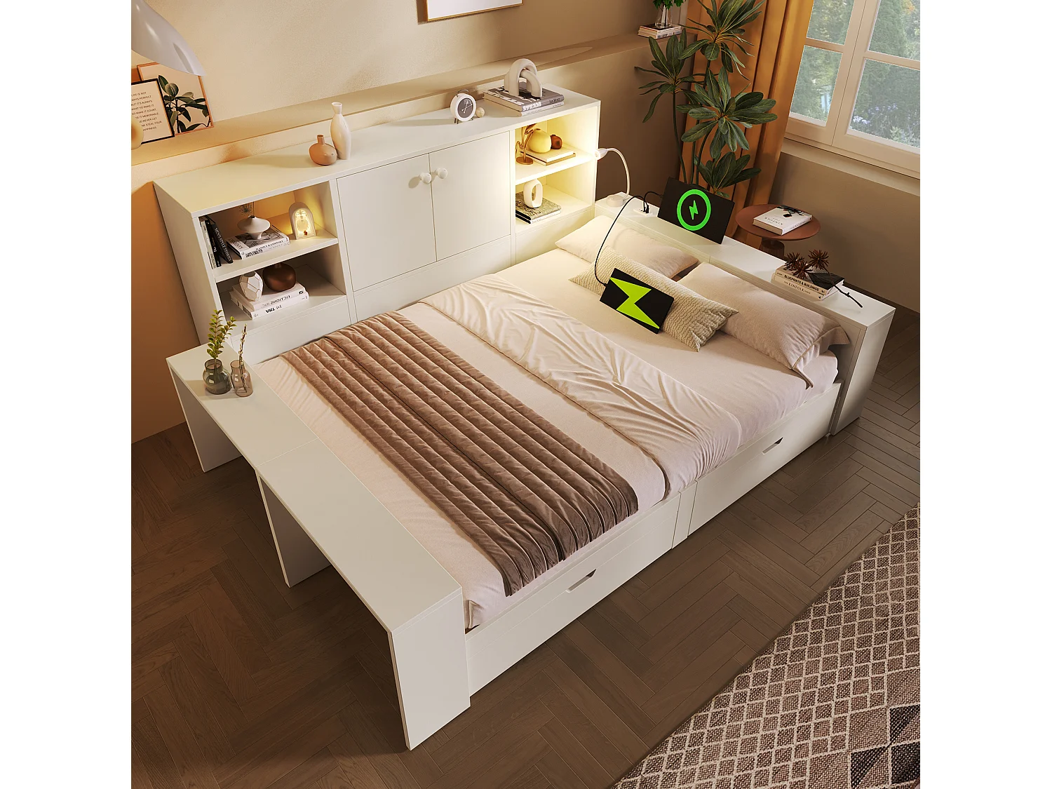Schlafsofa 140x200cm - mit Leselicht - mit USB/USB-C-Anschluss - mit 2 Schubladen und Stauraum - weiß​ (ohne Matratze)