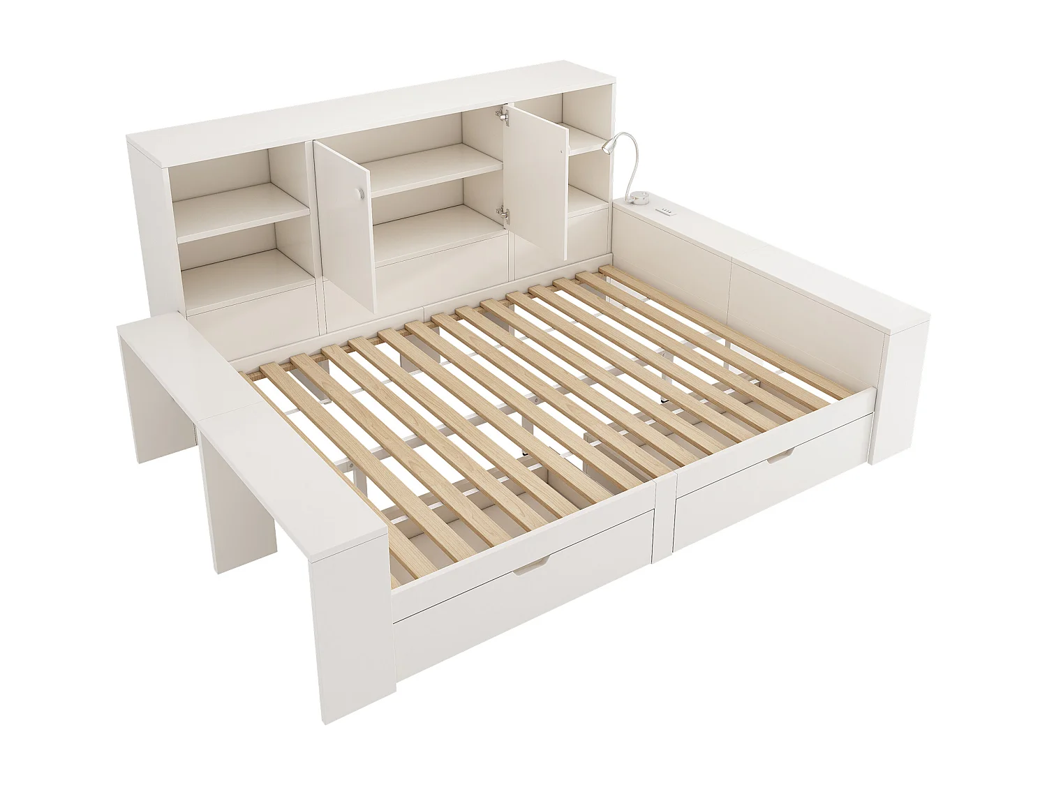 Schlafsofa 140x200cm - mit Leselicht - mit USB/USB-C-Anschluss - mit 2 Schubladen und Stauraum - weiß​ (ohne Matratze)