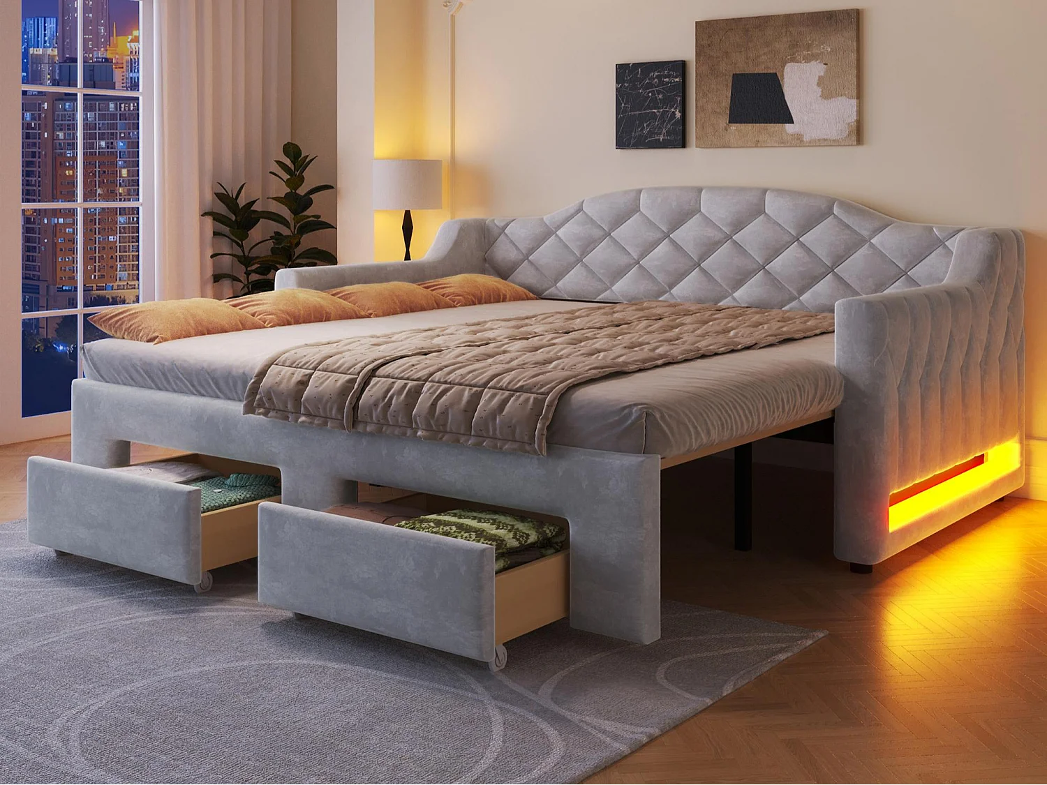 Gepolstertes Schlafsofa 90x200cm - Ausziehbar auf 180x200cm - Gästebett - Mit 2 Schubladen und LED-Beleuchtung - Grau​ (ohne Matratze)