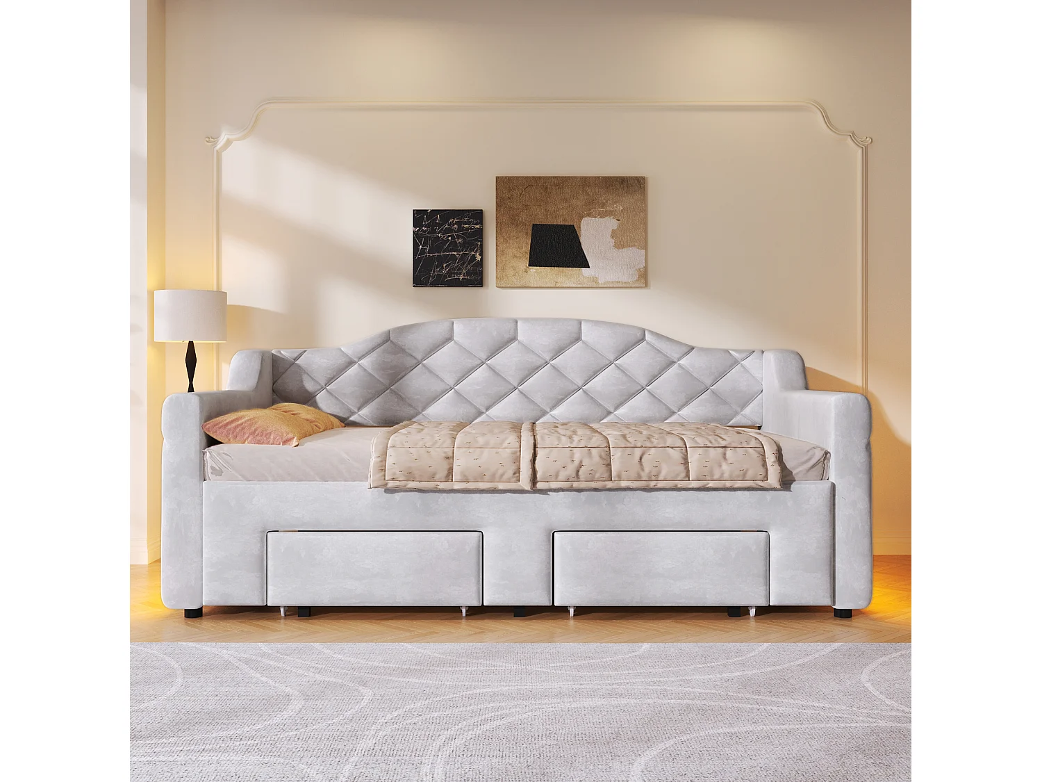 Gepolstertes Schlafsofa 90x200cm - Ausziehbar auf 180x200cm - Gästebett - Mit 2 Schubladen und LED-Beleuchtung - Grau​ (ohne Matratze)