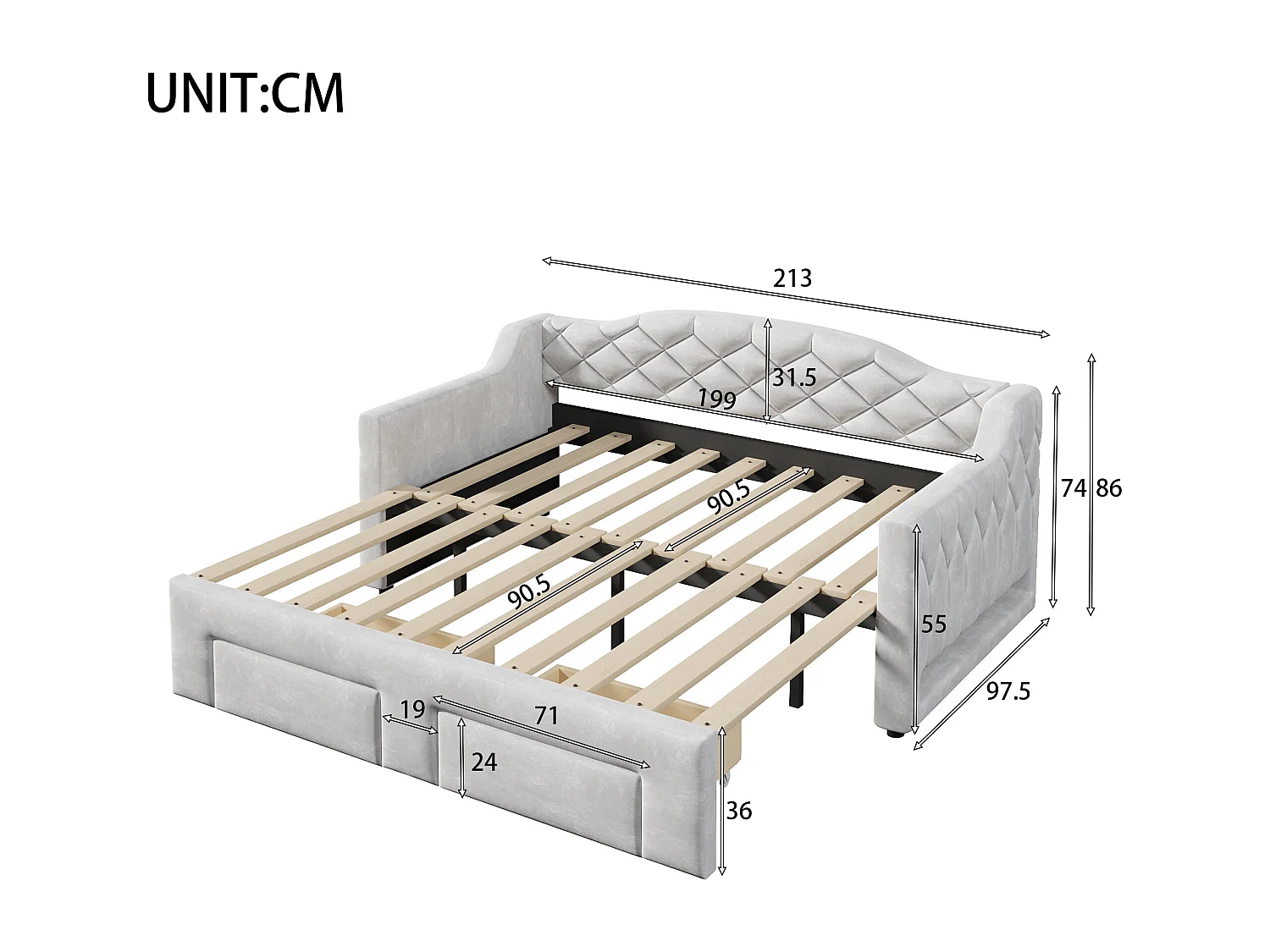 Gepolstertes Schlafsofa 90x200cm - Ausziehbar auf 180x200cm - Gästebett - Mit 2 Schubladen und LED-Beleuchtung - Grau​ (ohne Matratze)