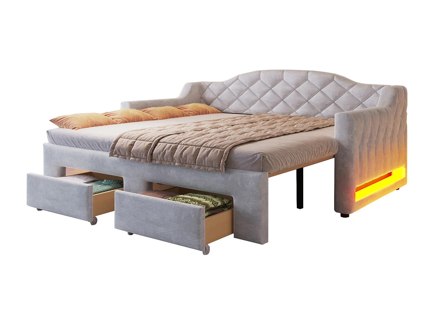 Gepolstertes Schlafsofa 90x200cm - Ausziehbar auf 180x200cm - Gästebett - Mit 2 Schubladen und LED-Beleuchtung - Grau​ (ohne Matratze)