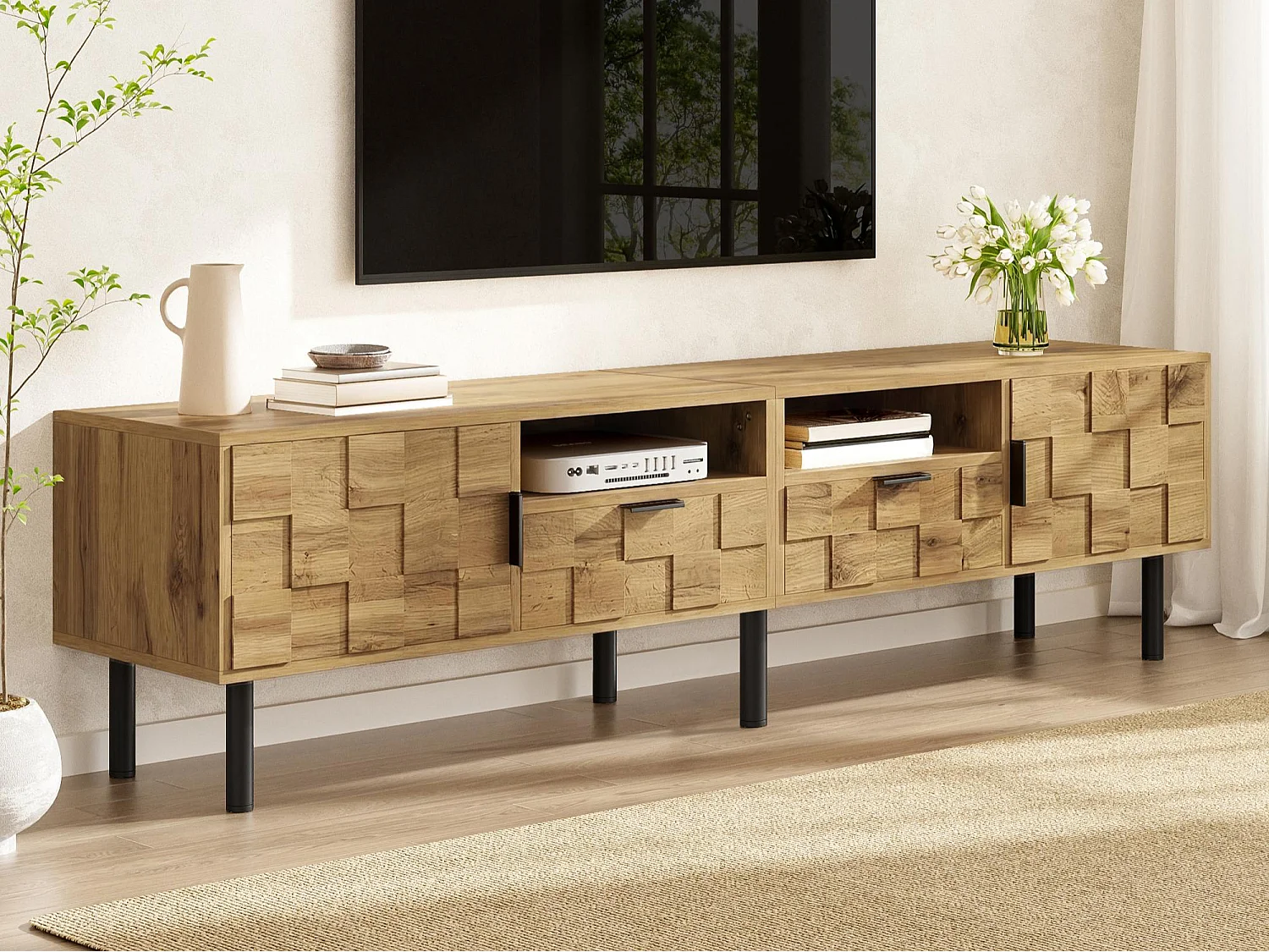 TV-Schrank Mosaik 160x35x42,5 cm - 2 Türen und 2 Schubladen - Holzoptik - Metallfüße - 2 offene Regale - Natur und Schwarz