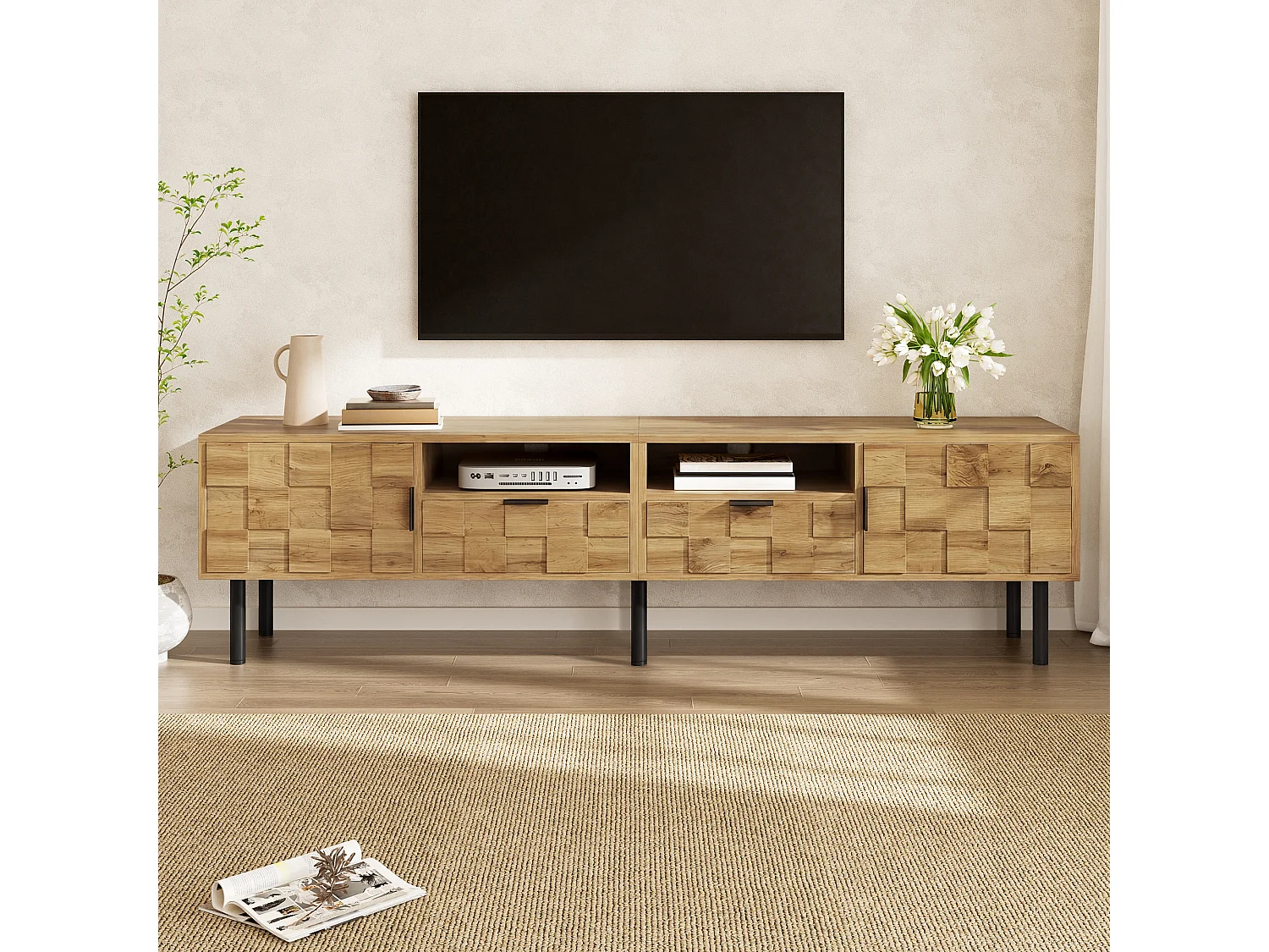 TV-Schrank Mosaik 160x35x42,5 cm - 2 Türen und 2 Schubladen - Holzoptik - Metallfüße - 2 offene Regale - Natur und Schwarz