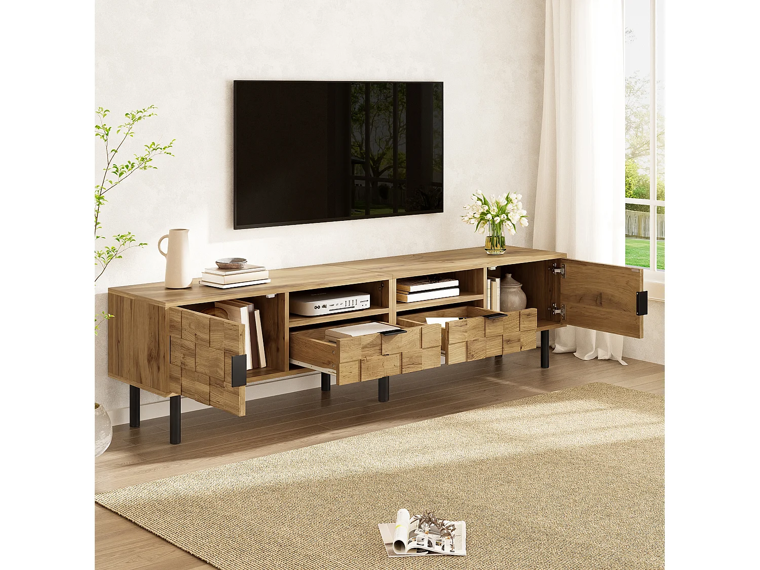TV-Schrank Mosaik 160x35x42,5 cm - 2 Türen und 2 Schubladen - Holzoptik - Metallfüße - 2 offene Regale - Natur und Schwarz