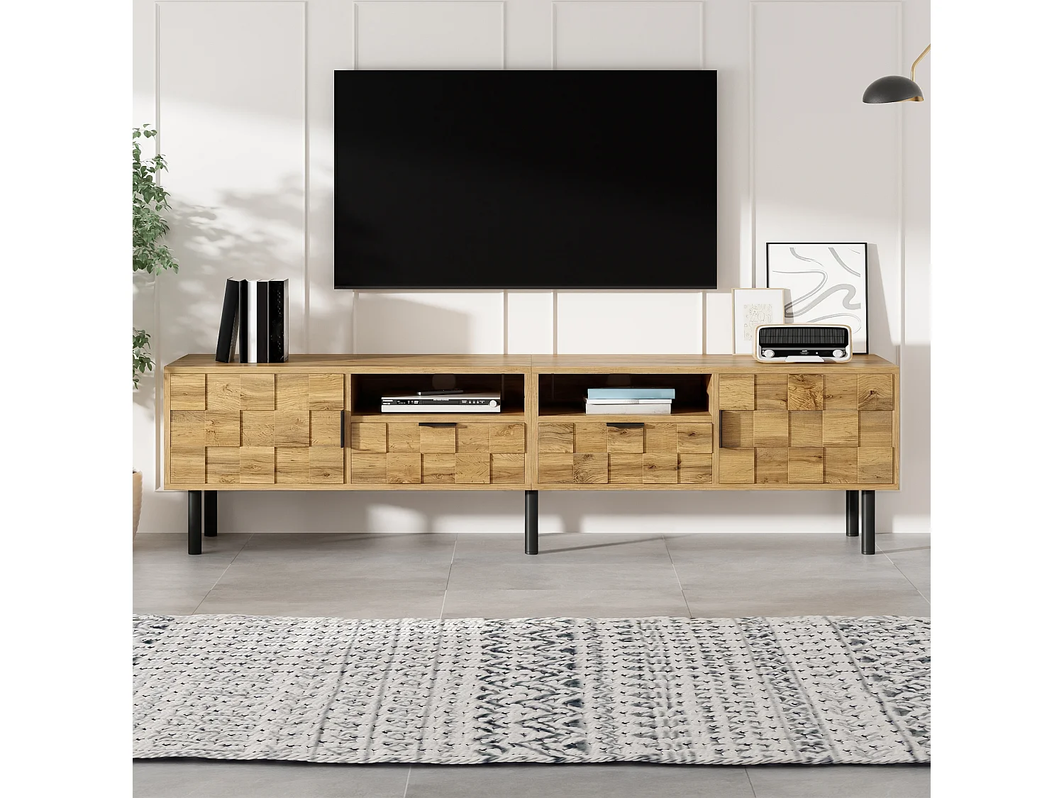 TV-Schrank Mosaik 160x35x42,5 cm - 2 Türen und 2 Schubladen - Holzoptik - Metallfüße - 2 offene Regale - Natur und Schwarz
