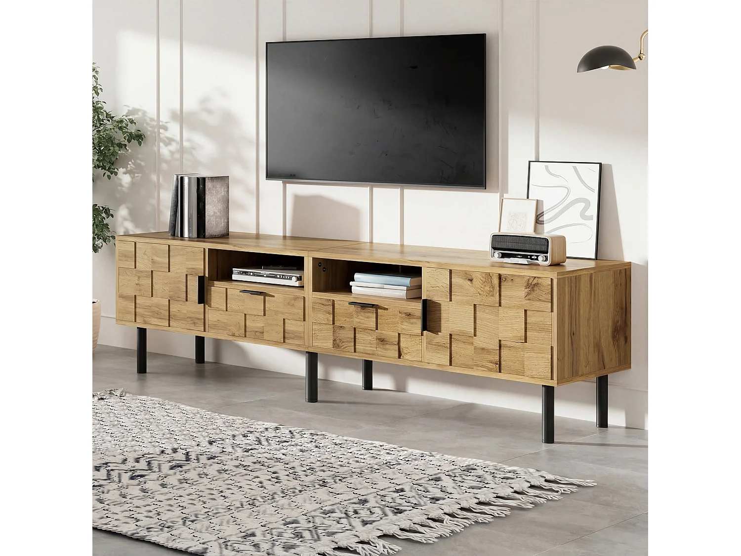 TV-Schrank Mosaik 160x35x42,5 cm - 2 Türen und 2 Schubladen - Holzoptik - Metallfüße - 2 offene Regale - Natur und Schwarz