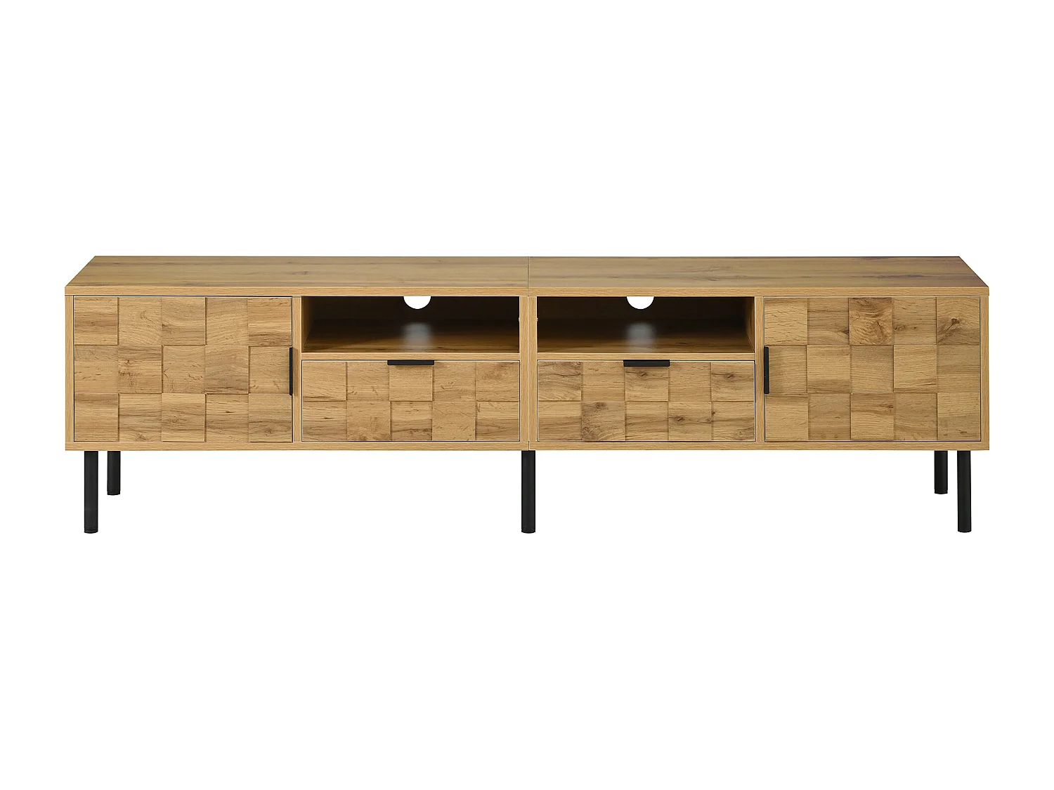 TV-Schrank Mosaik 160x35x42,5 cm - 2 Türen und 2 Schubladen - Holzoptik - Metallfüße - 2 offene Regale - Natur und Schwarz