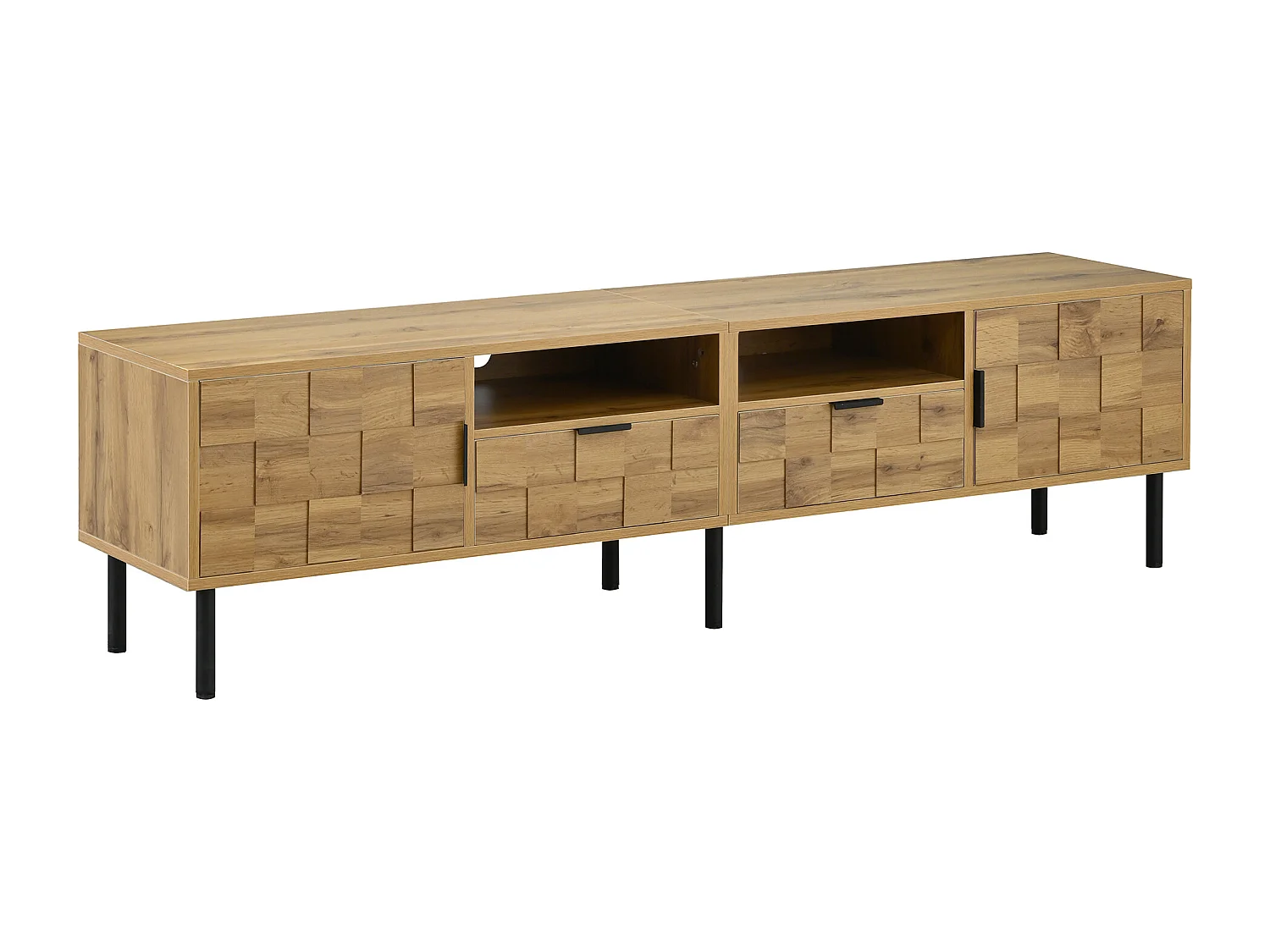 TV-Schrank Mosaik 160x35x42,5 cm - 2 Türen und 2 Schubladen - Holzoptik - Metallfüße - 2 offene Regale - Natur und Schwarz