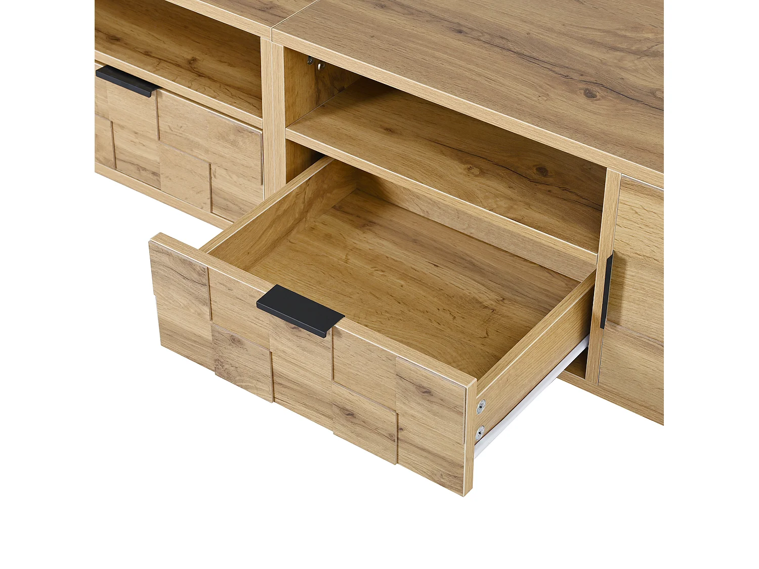 TV-Schrank Mosaik 160x35x42,5 cm - 2 Türen und 2 Schubladen - Holzoptik - Metallfüße - 2 offene Regale - Natur und Schwarz