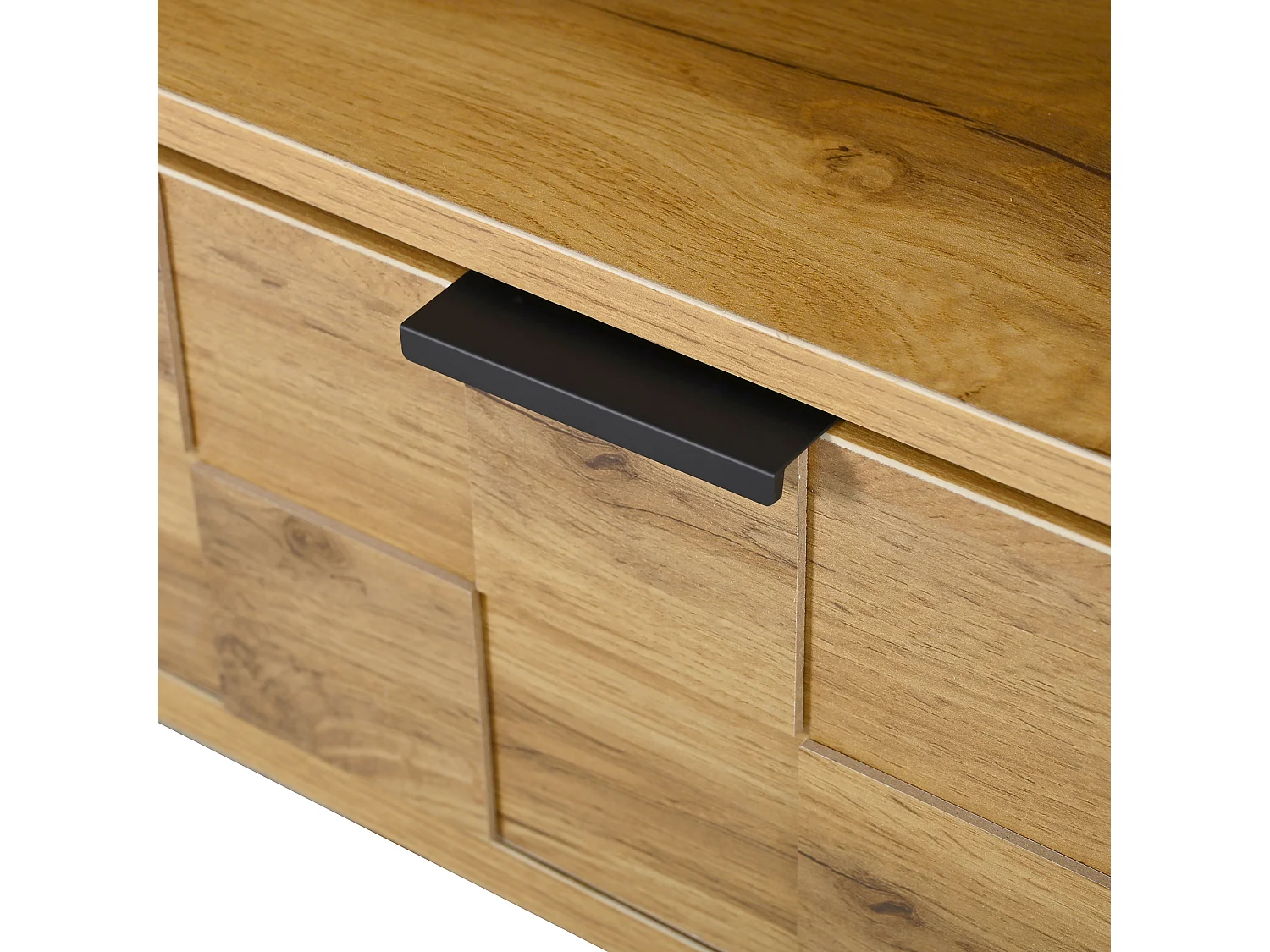 TV-Schrank Mosaik 160x35x42,5 cm - 2 Türen und 2 Schubladen - Holzoptik - Metallfüße - 2 offene Regale - Natur und Schwarz