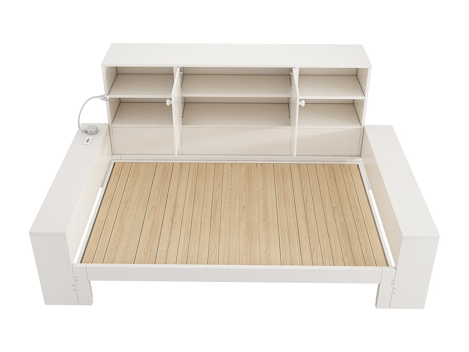 Lit banquette pour enfant - 90 x 200 cm - avec lit gigogne 90 x 190 cm + étagère de rangement + USB - MDF - blanc