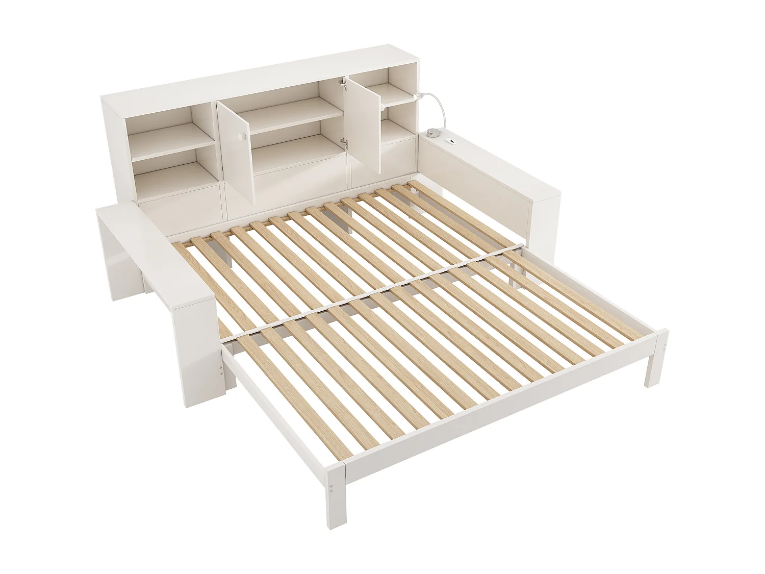 Lit banquette pour enfant - 90 x 200 cm - avec lit gigogne 90 x 190 cm + étagère de rangement + USB - MDF - blanc