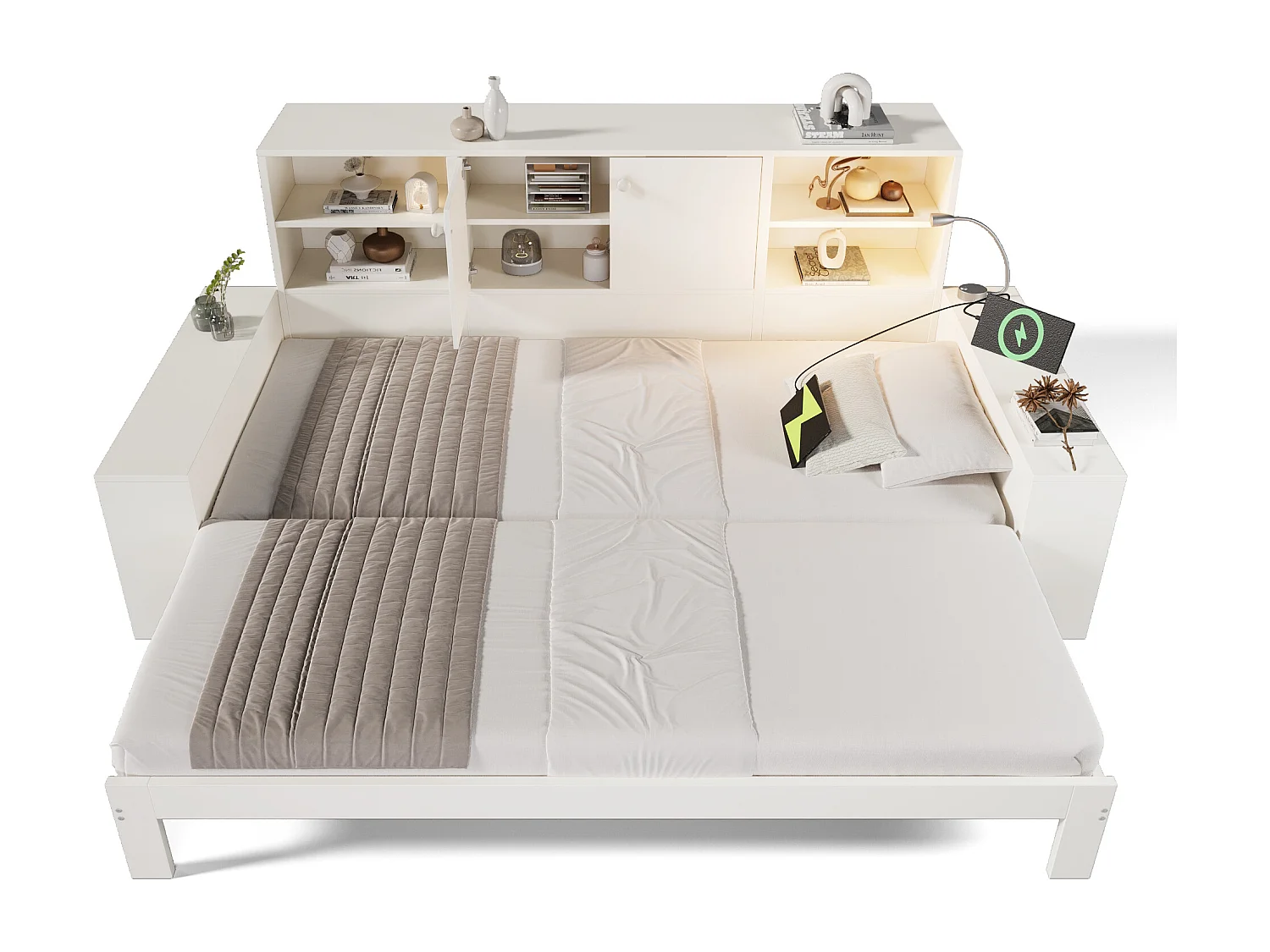 Lit banquette pour enfant - 90 x 200 cm - avec lit gigogne 90 x 190 cm + étagère de rangement + USB - MDF - blanc