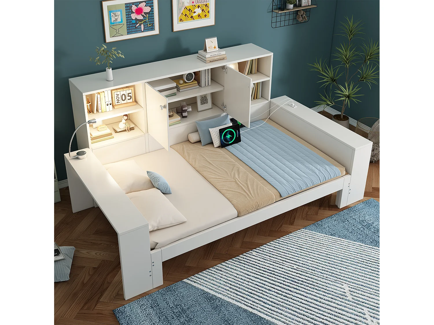 Lit banquette pour enfant - 90 x 200 cm - avec lit gigogne 90 x 190 cm + étagère de rangement + USB - MDF - blanc