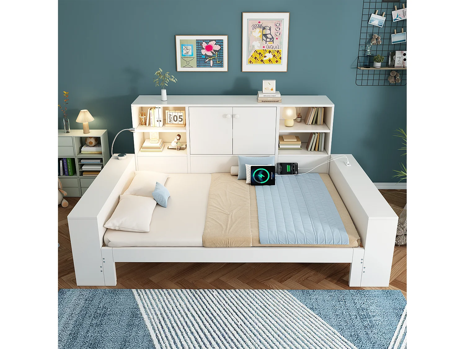 Lit banquette pour enfant - 90 x 200 cm - avec lit gigogne 90 x 190 cm + étagère de rangement + USB - MDF - blanc