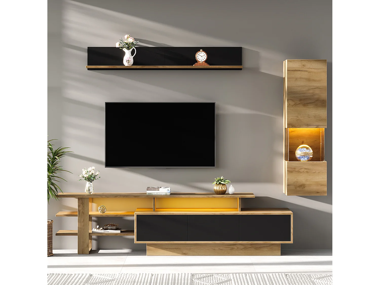 TV-Möbel-Set 3-teilig - 1 TV-Schrank+1 Vitrine+1 Wandregal - mit LED-Beleuchtung - 3 Schubladen und 2 Türen - Natur+Schwarz
