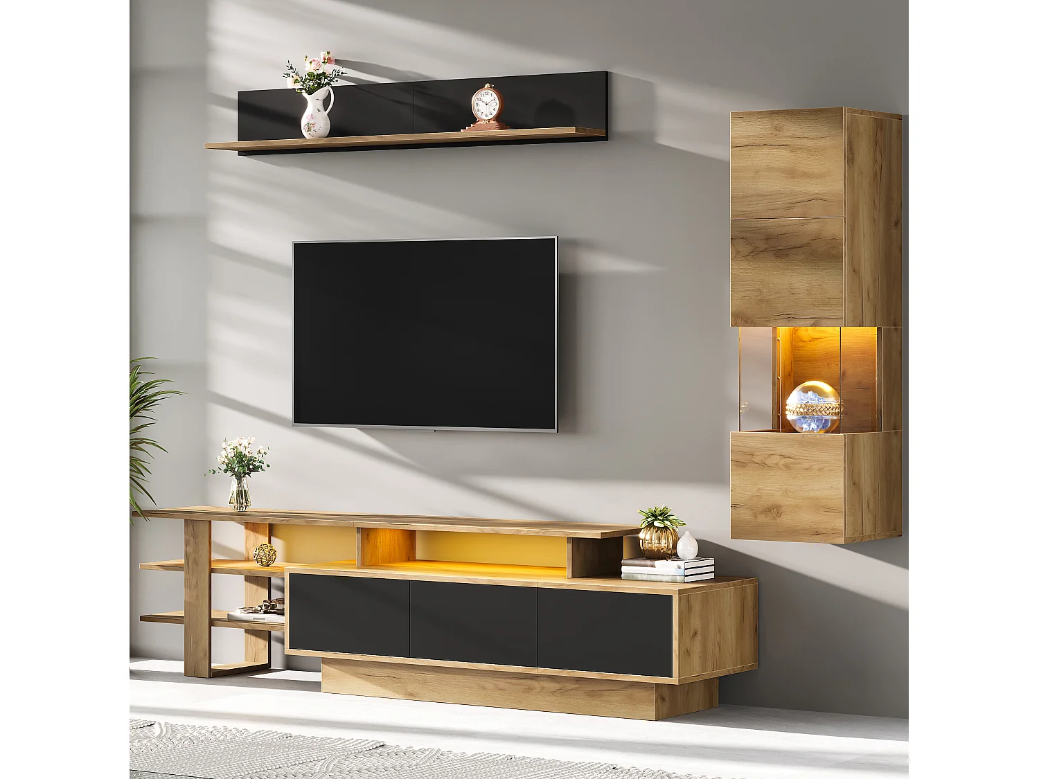 TV-Möbel-Set 3-teilig - 1 TV-Schrank+1 Vitrine+1 Wandregal - mit LED-Beleuchtung - 3 Schubladen und 2 Türen - Natur+Schwarz