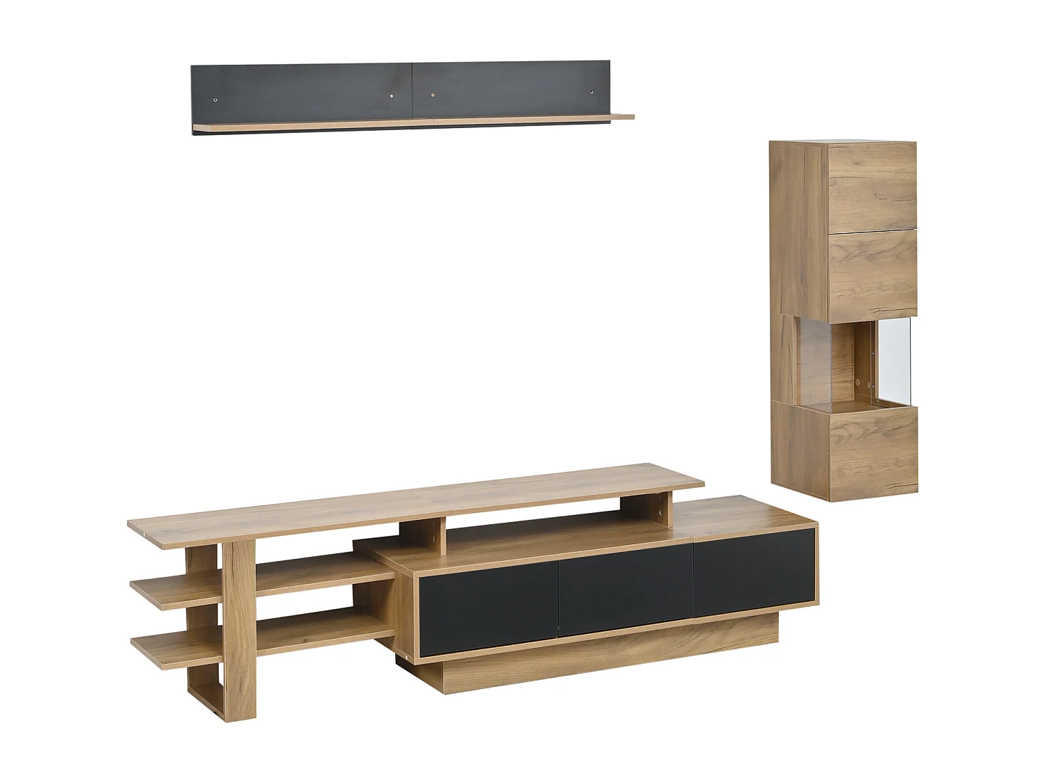 TV-Möbel-Set 3-teilig - 1 TV-Schrank+1 Vitrine+1 Wandregal - mit LED-Beleuchtung - 3 Schubladen und 2 Türen - Natur+Schwarz