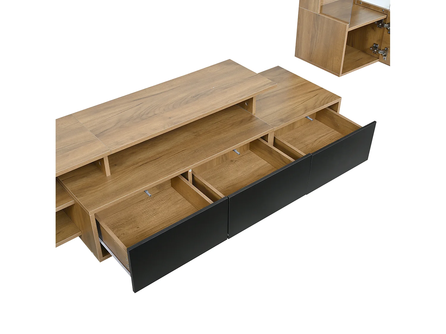 TV-Möbel-Set 3-teilig - 1 TV-Schrank+1 Vitrine+1 Wandregal - mit LED-Beleuchtung - 3 Schubladen und 2 Türen - Natur+Schwarz