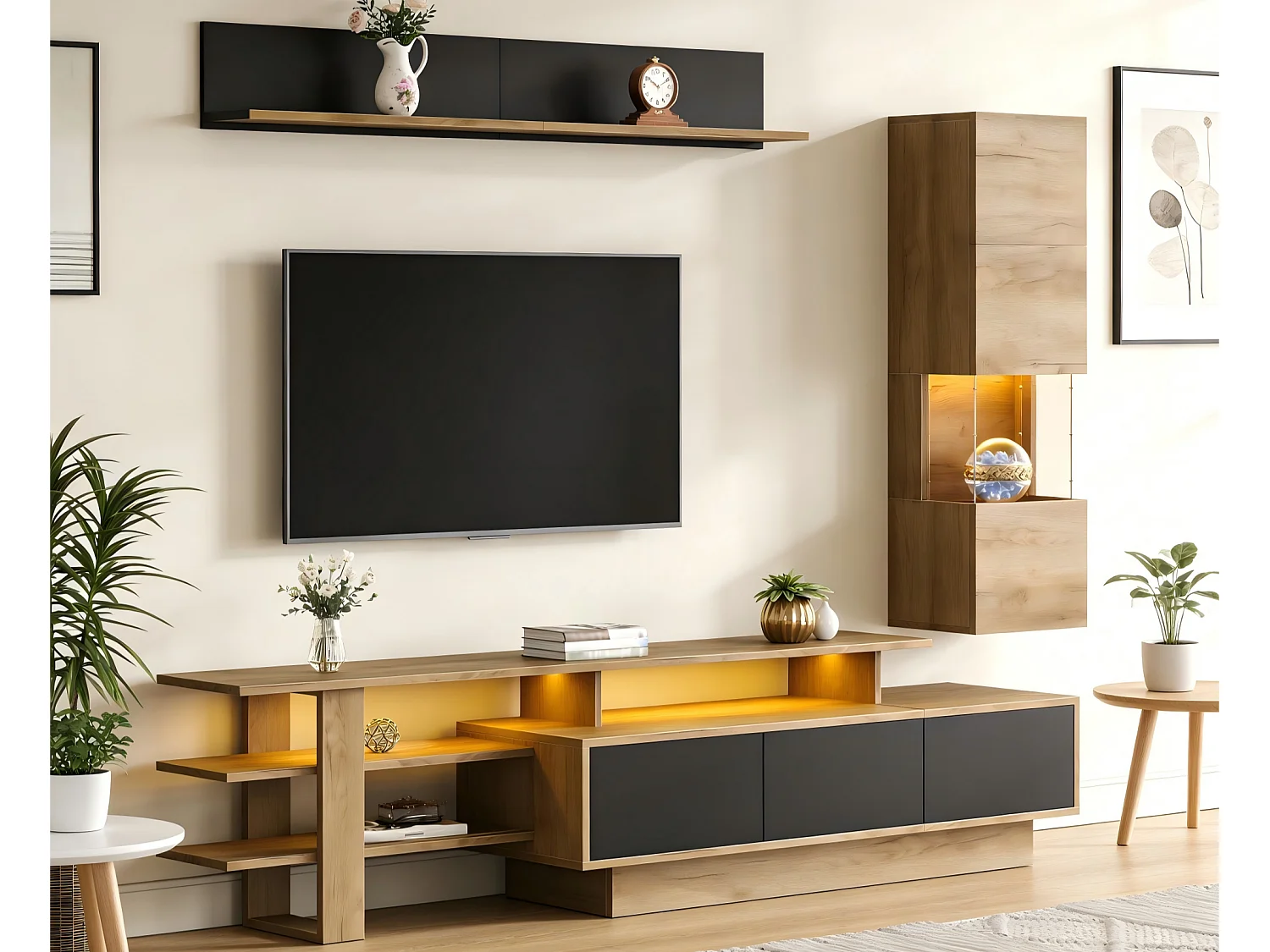 TV-Möbel-Set 3-teilig - 1 TV-Schrank+1 Vitrine+1 Wandregal - mit LED-Beleuchtung - 3 Schubladen und 2 Türen - Natur+Schwarz