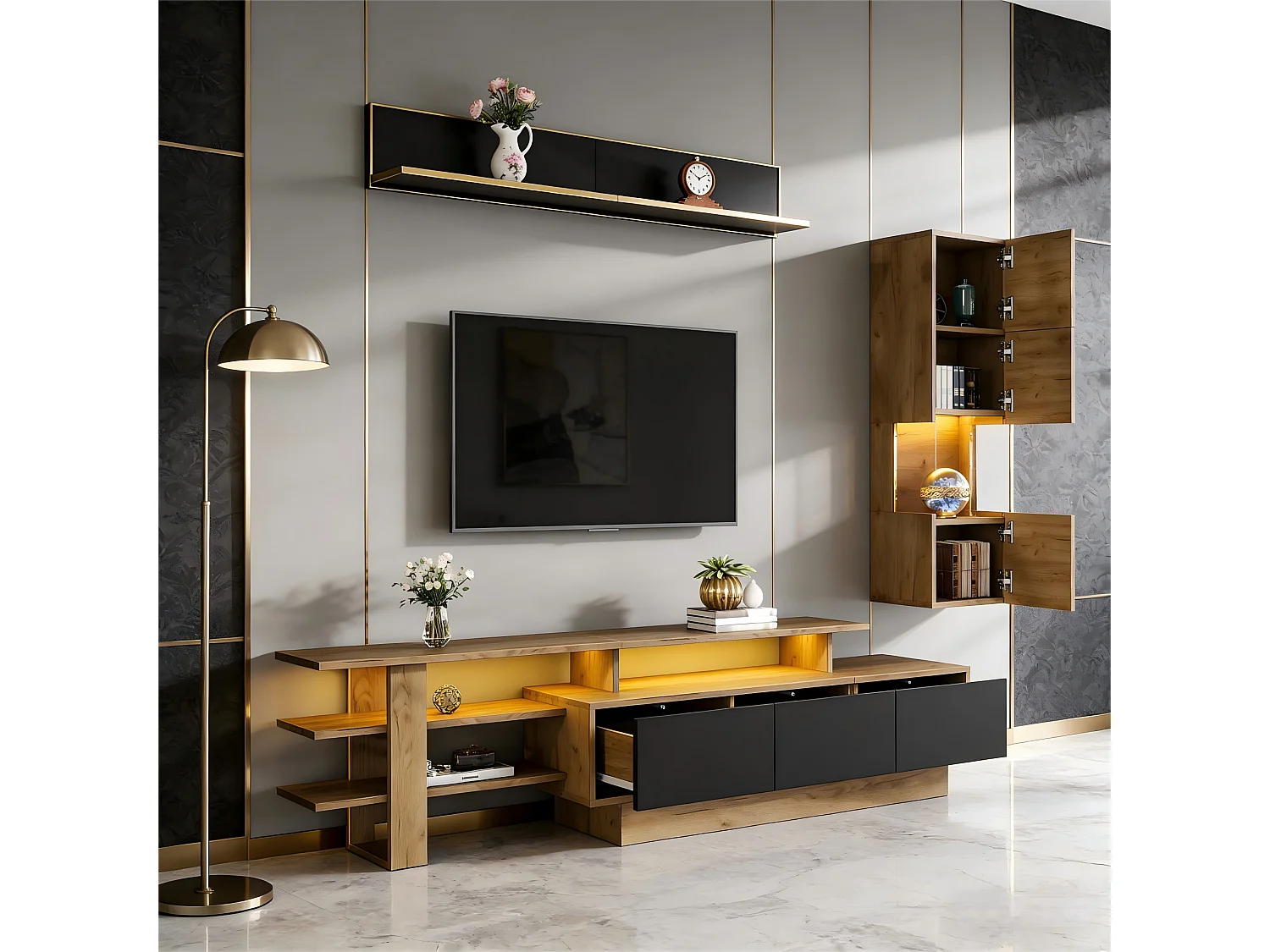 TV-Möbel-Set 3-teilig - 1 TV-Schrank+1 Vitrine+1 Wandregal - mit LED-Beleuchtung - 3 Schubladen und 2 Türen - Natur+Schwarz