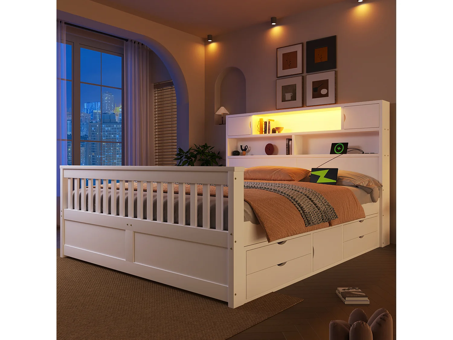 Plattformbettgestell – 160 x 200 cm – mit Regalen, Stauraum im Kopfteil, LED-Beleuchtung, USB-Anschlüssen und 4 Schubladen – MDF – weiß