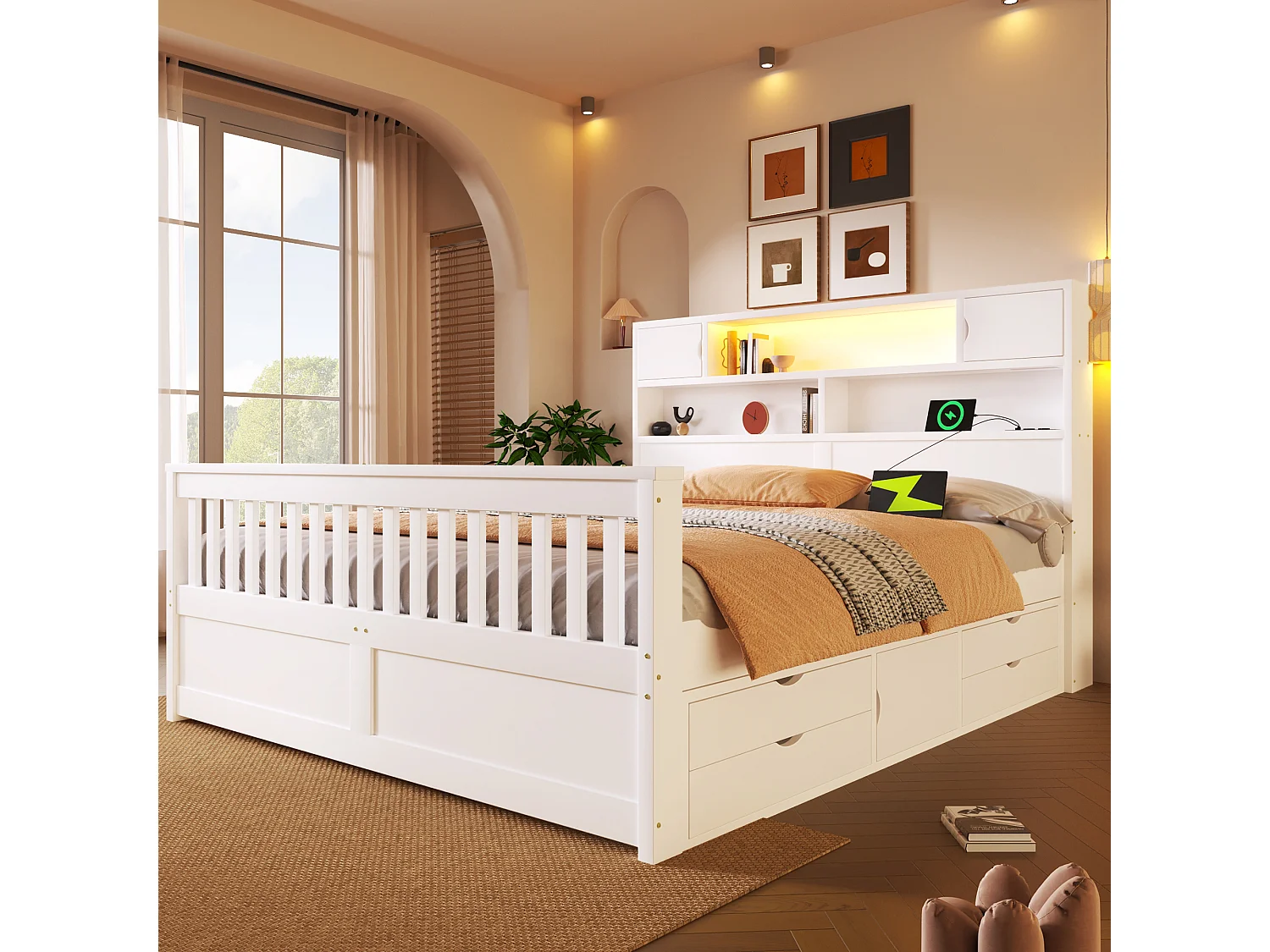 Plattformbettgestell – 160 x 200 cm – mit Regalen, Stauraum im Kopfteil, LED-Beleuchtung, USB-Anschlüssen und 4 Schubladen – MDF – weiß