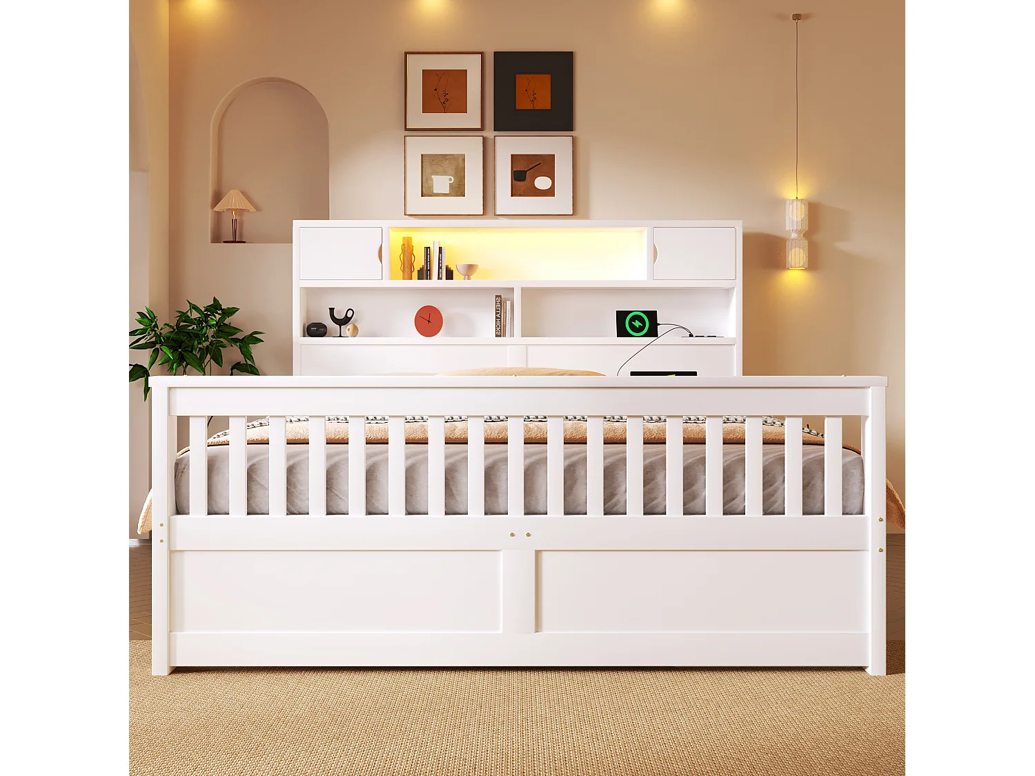 Plattformbettgestell – 160 x 200 cm – mit Regalen, Stauraum im Kopfteil, LED-Beleuchtung, USB-Anschlüssen und 4 Schubladen – MDF – weiß