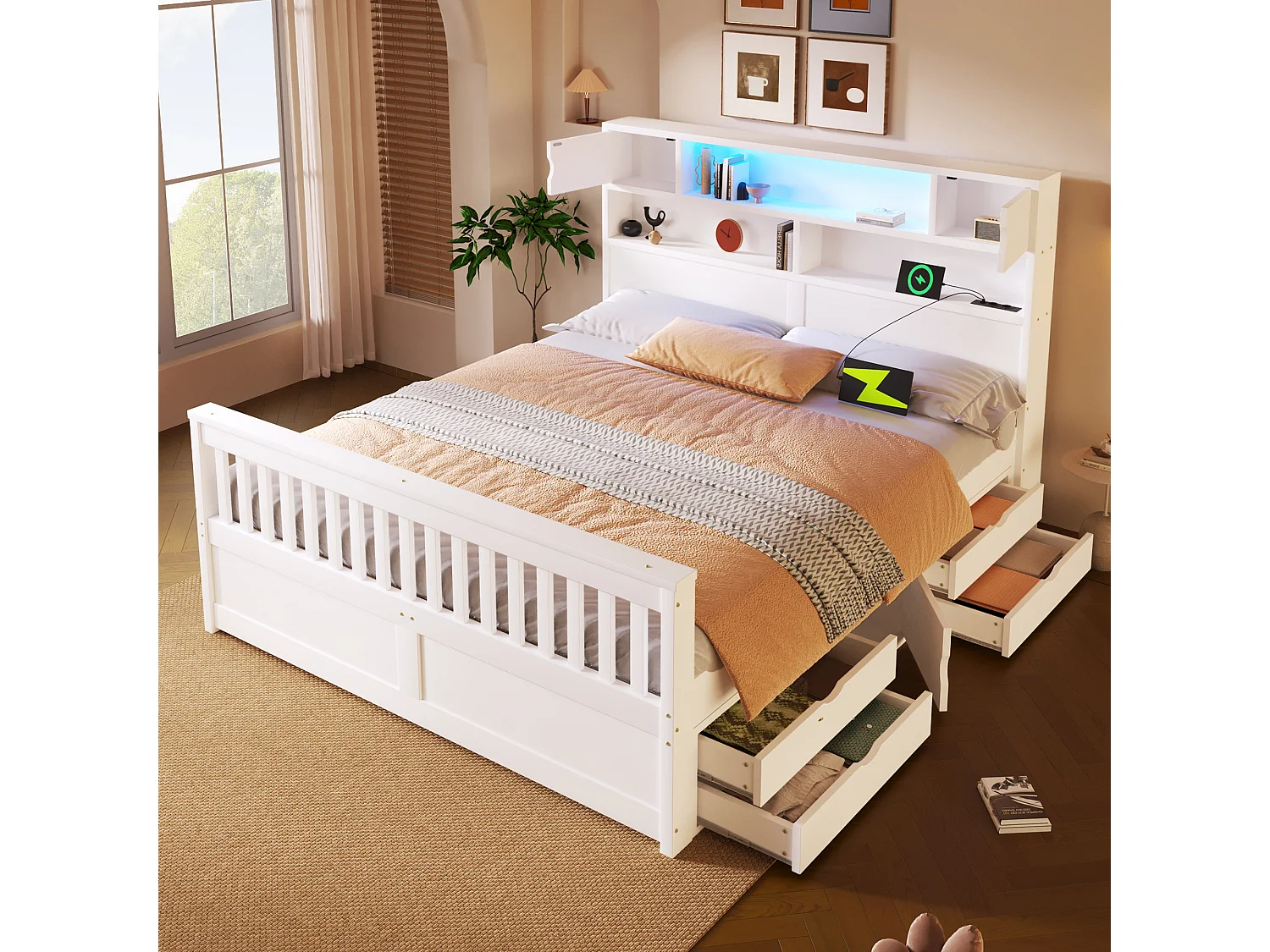 Plattformbettgestell – 160 x 200 cm – mit Regalen, Stauraum im Kopfteil, LED-Beleuchtung, USB-Anschlüssen und 4 Schubladen – MDF – weiß